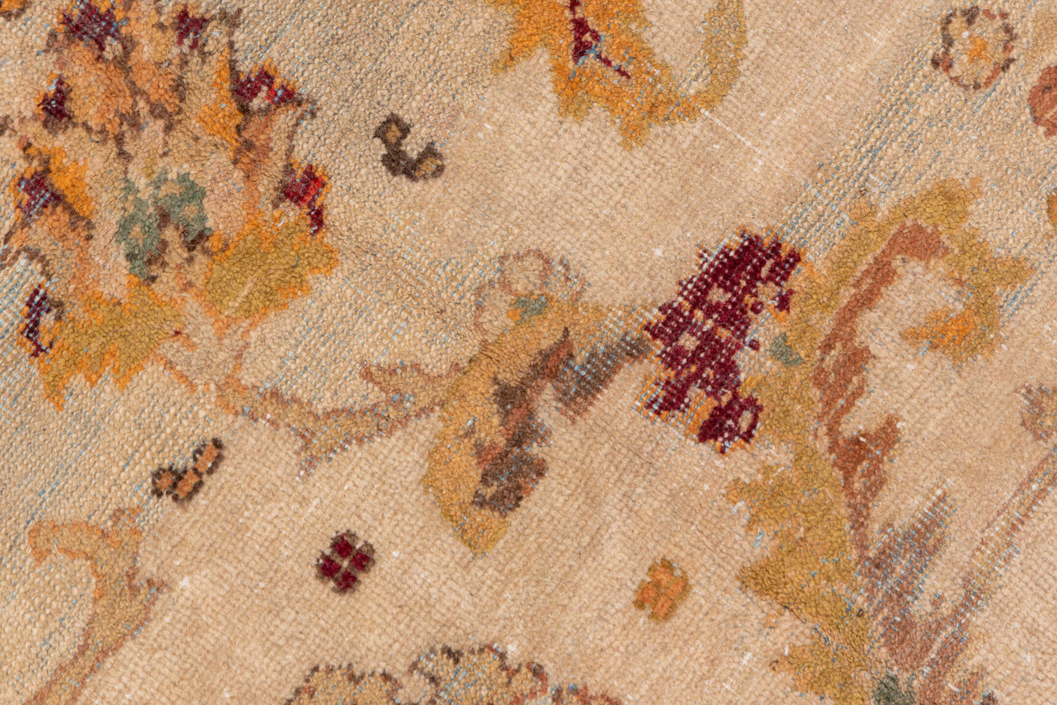 9' x 11' one-of-a-kind handmade vintage Amritzar large size rug. Color palette: brown, pink, orange, yellow, off-white, red