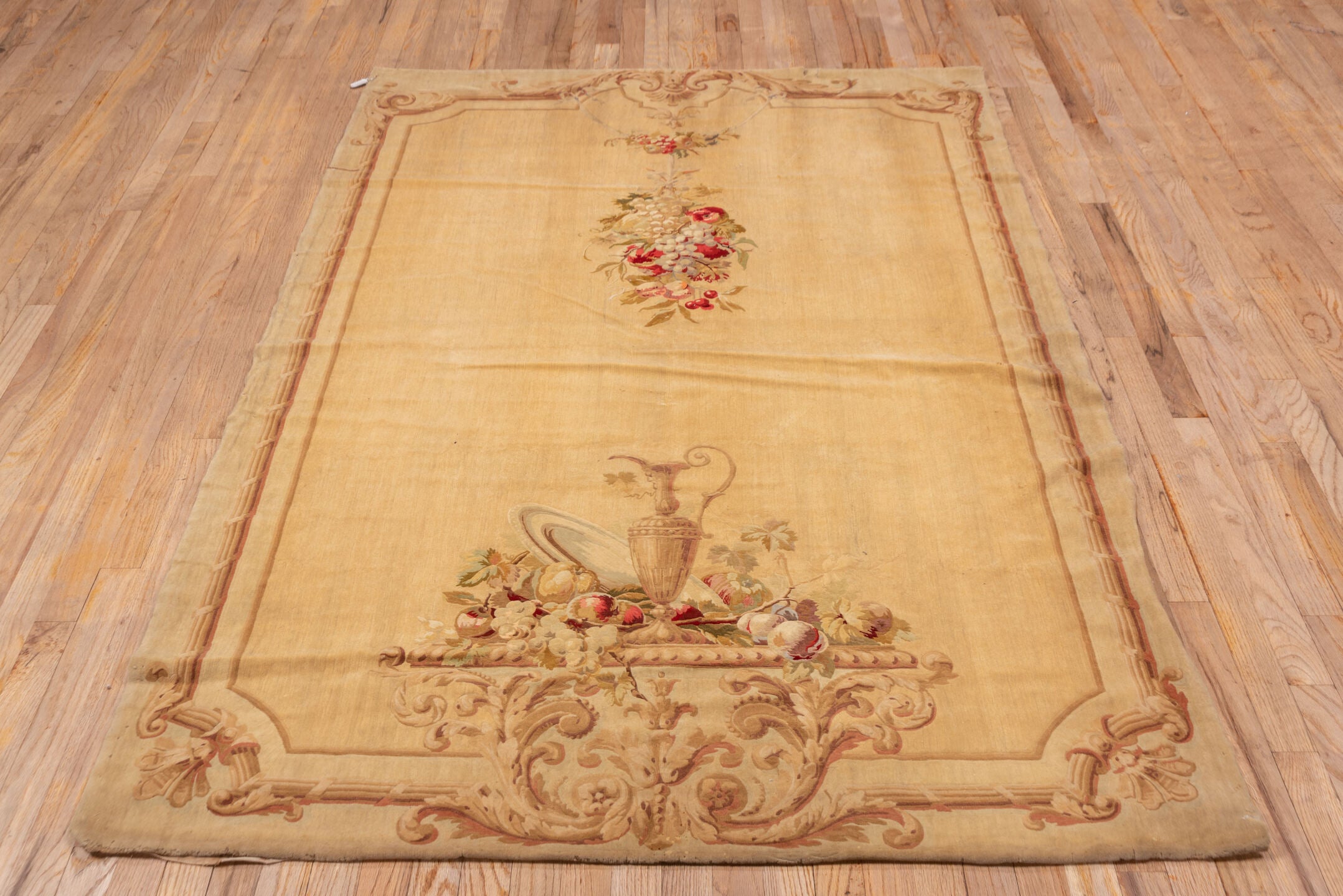 4' x 7' one-of-a-kind handmade vintage European rug. Color palette: brown, orange, off-white, red, white, snow, whitesmoke