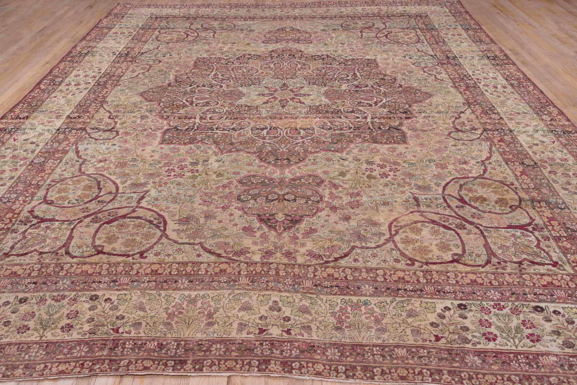 10' x 14' one-of-a-kind handmade vintage Lavar large size rug. Color palette: brown, gray, off-white, orange, pink, red