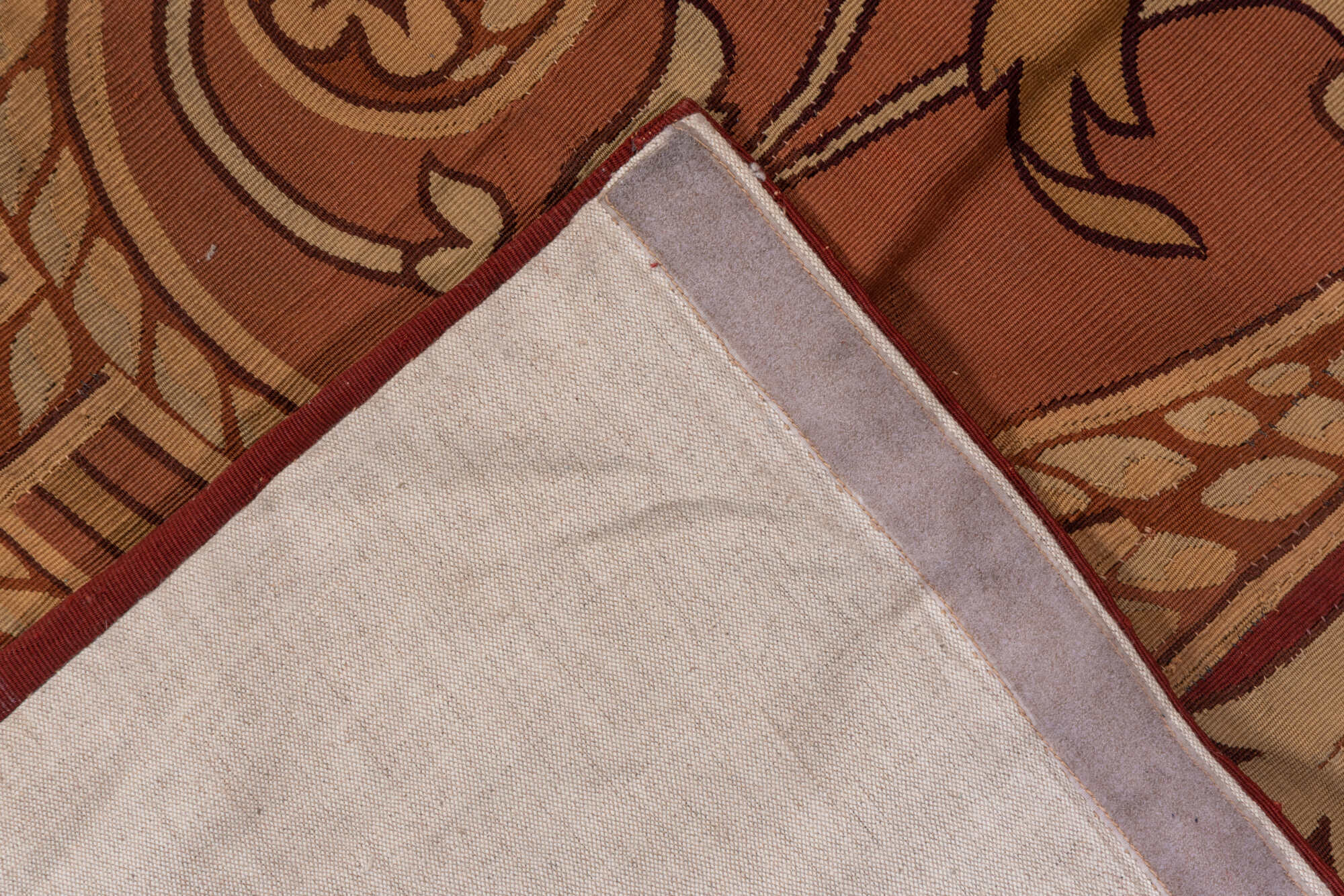 5' x 10' one-of-a-kind handmade vintage Aubusson runner rug. Color palette: brown, gray, pink, red