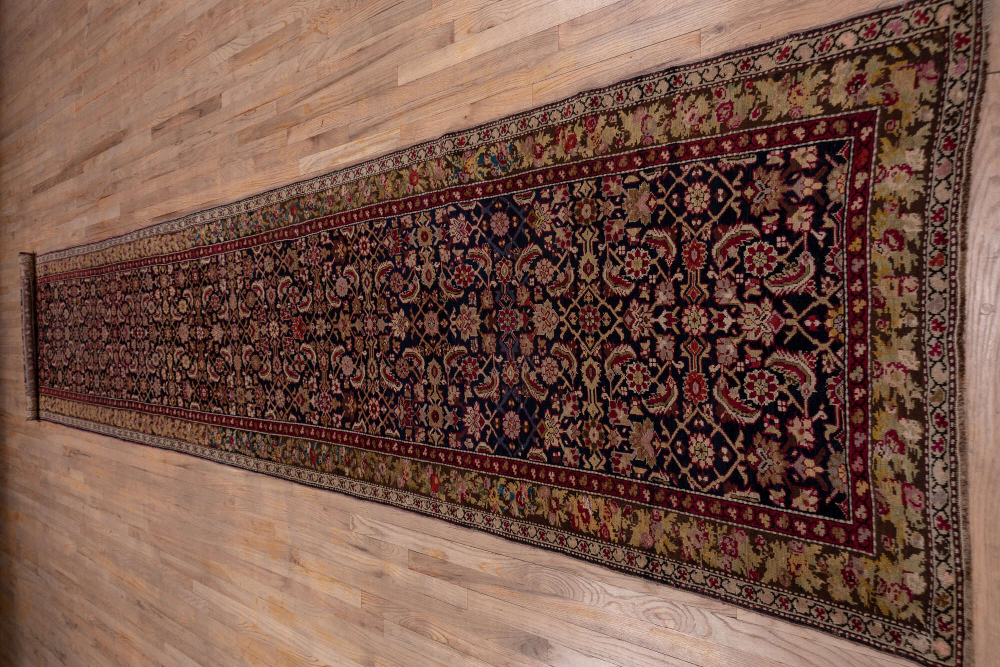 3' x 18' one-of-a-kind handmade vintage Karabagh runner rug. Color palette: black, brown, gray, off-white, pink, red, snow