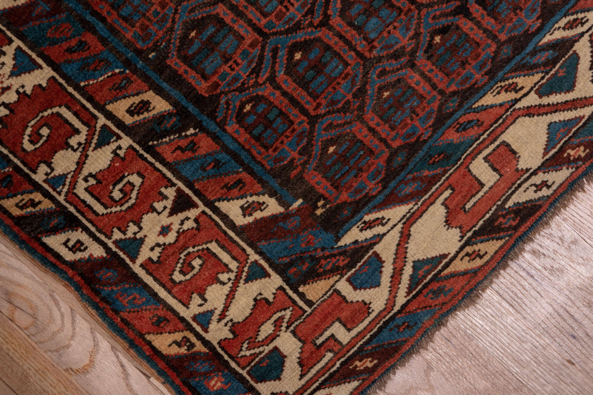 3' x 15' one-of-a-kind handmade vintage Sarab runner rug. Color palette: black, blue, brown, charcoal, gray, off-white, red