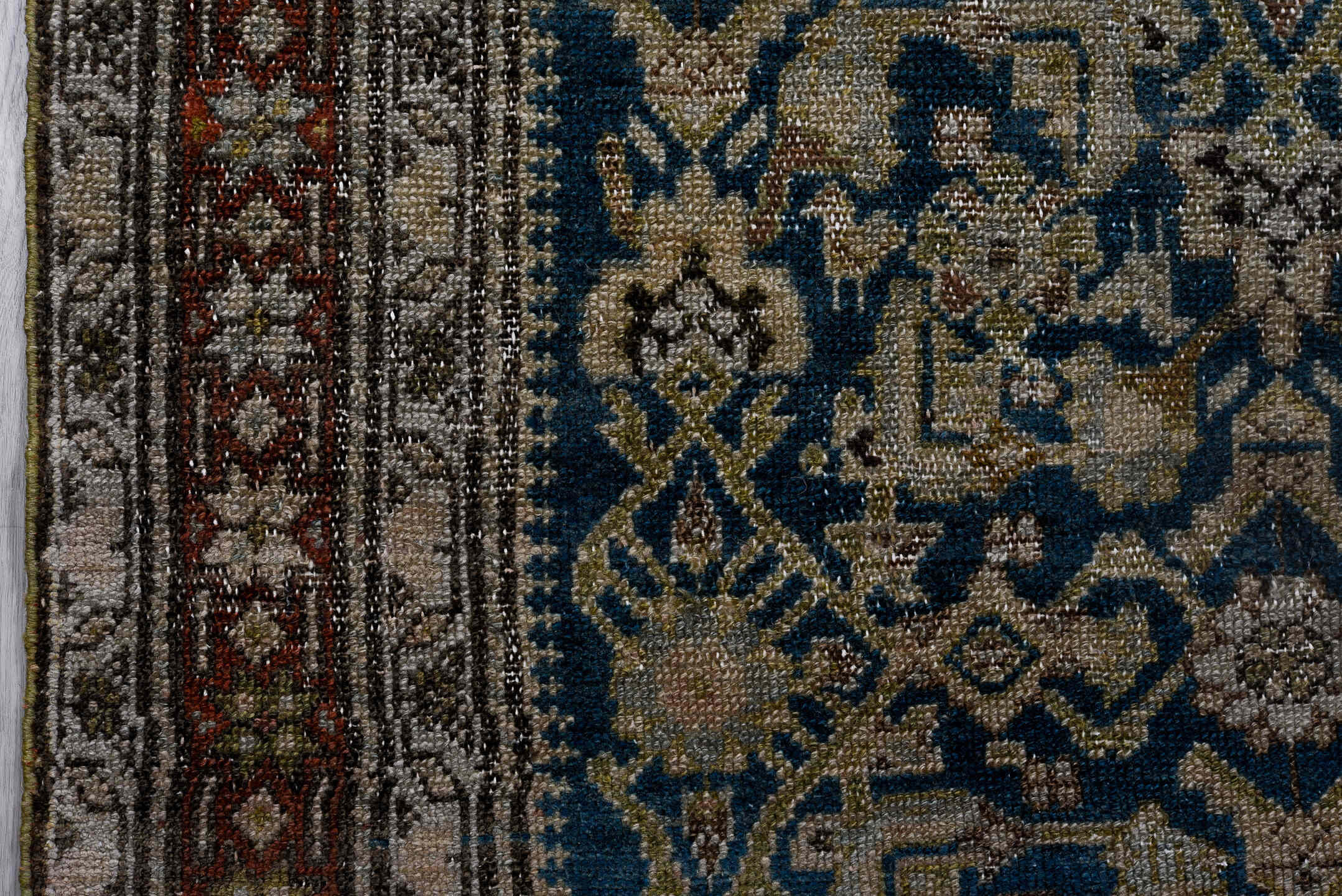 3' x 15' one-of-a-kind handmade vintage Malayer runner rug. Color palette: arapawa, black, blue, brown, dim gray, gray