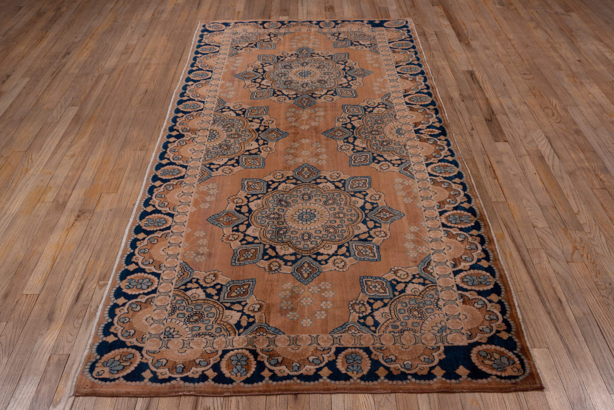 4' x 9' one-of-a-kind handmade vintage Kerman runner rug. Color palette: black, brown, dim gray, gray, pink