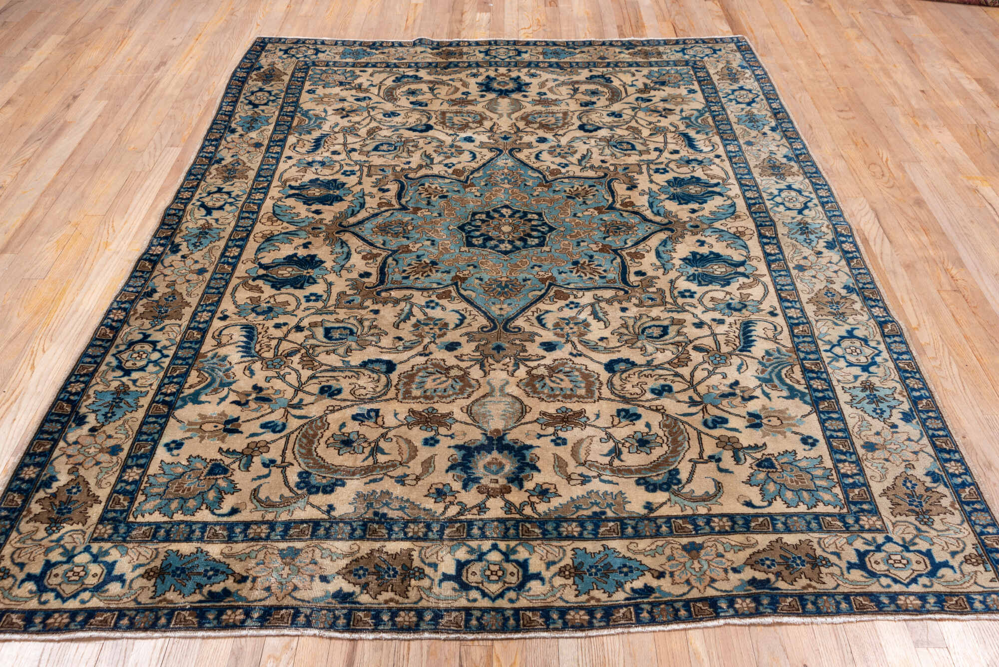 6' x 8' one-of-a-kind handmade vintage Tabriz medium size rug. Color palette: arapawa, blue, brown, dark gray, dim gray
