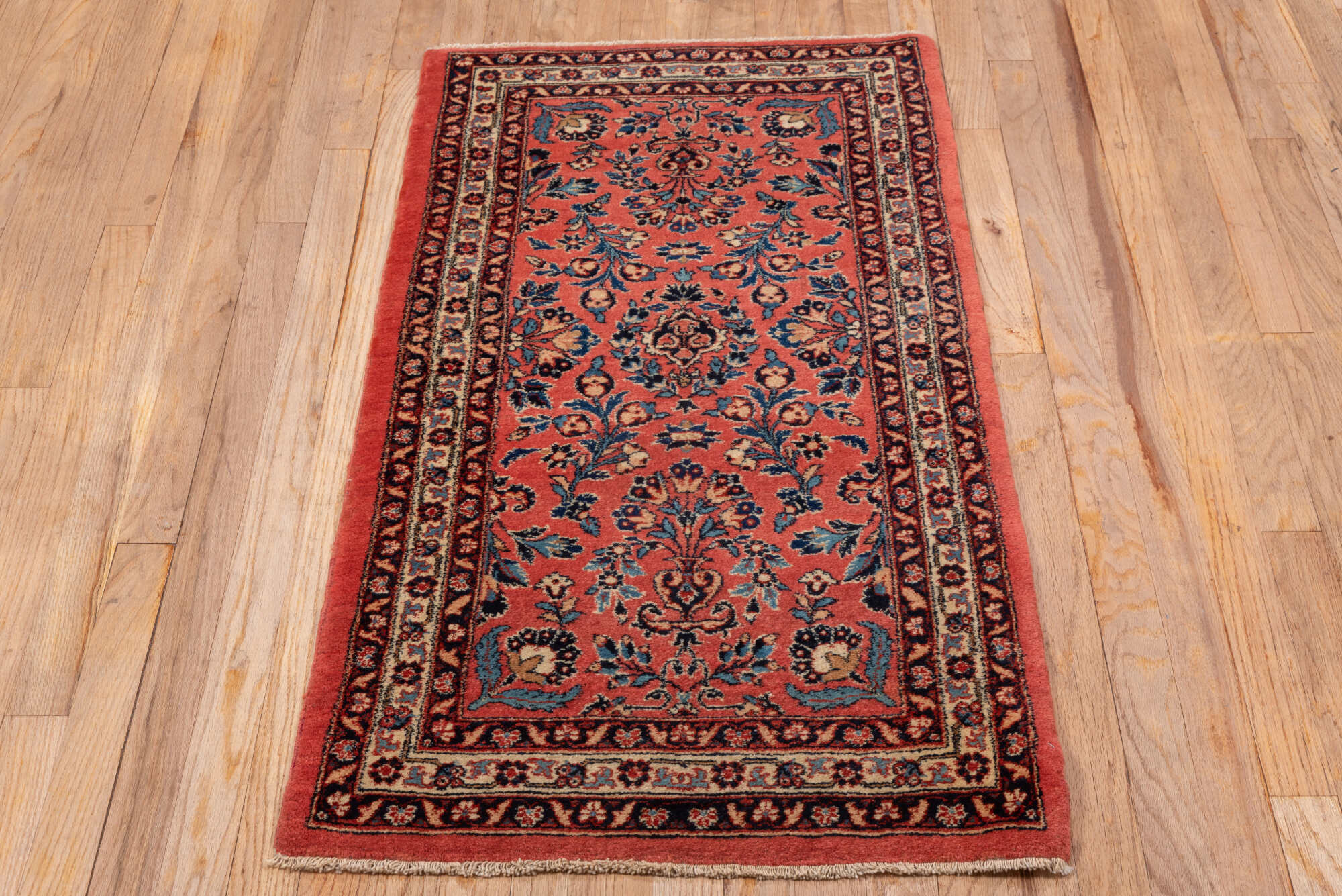 2' x 4' one-of-a-kind handmade vintage Kashan small size rug. Color palette: black, blue, brown, gray, orange, pink, red