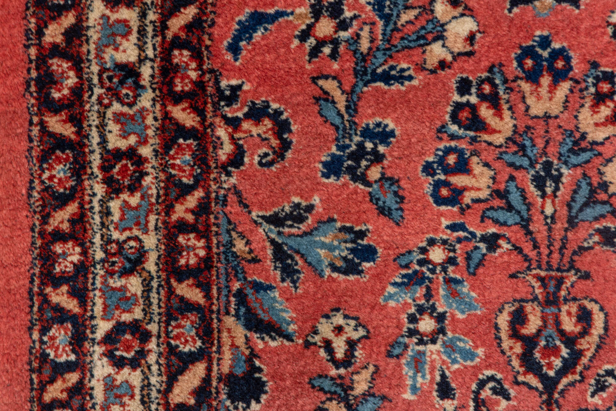 2' x 4' one-of-a-kind handmade vintage Kashan small size rug. Color palette: black, blue, brown, gray, orange, pink, red