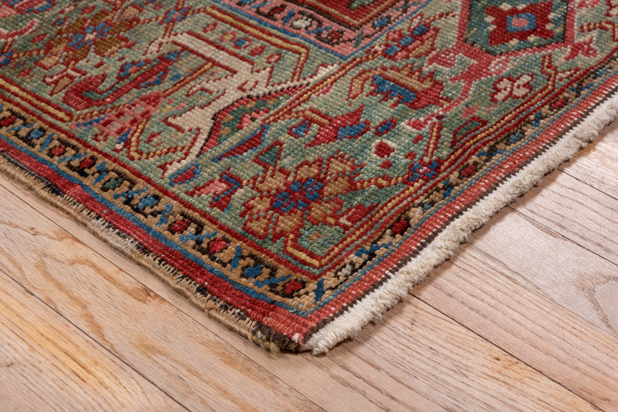 6' x 8' one-of-a-kind handmade vintage Heriz medium size rug. Color palette: blue, brown, gray, pink