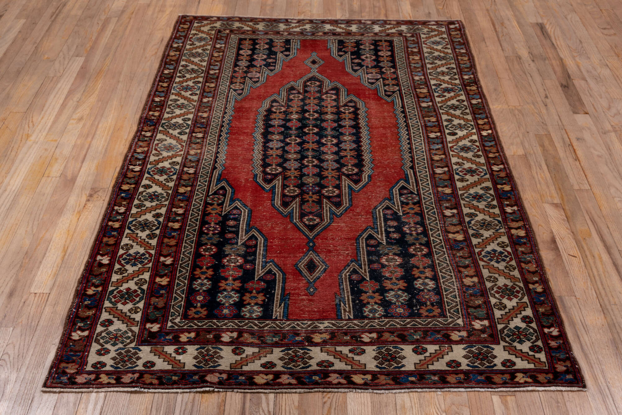 4' x 6' one-of-a-kind handmade vintage Malayer small size rug. Color palette: blue, brown, gray, pink, red