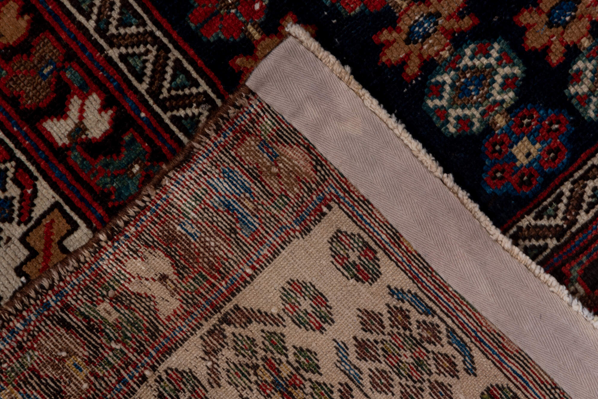 4' x 6' one-of-a-kind handmade vintage Malayer small size rug. Color palette: blue, brown, gray, pink, red