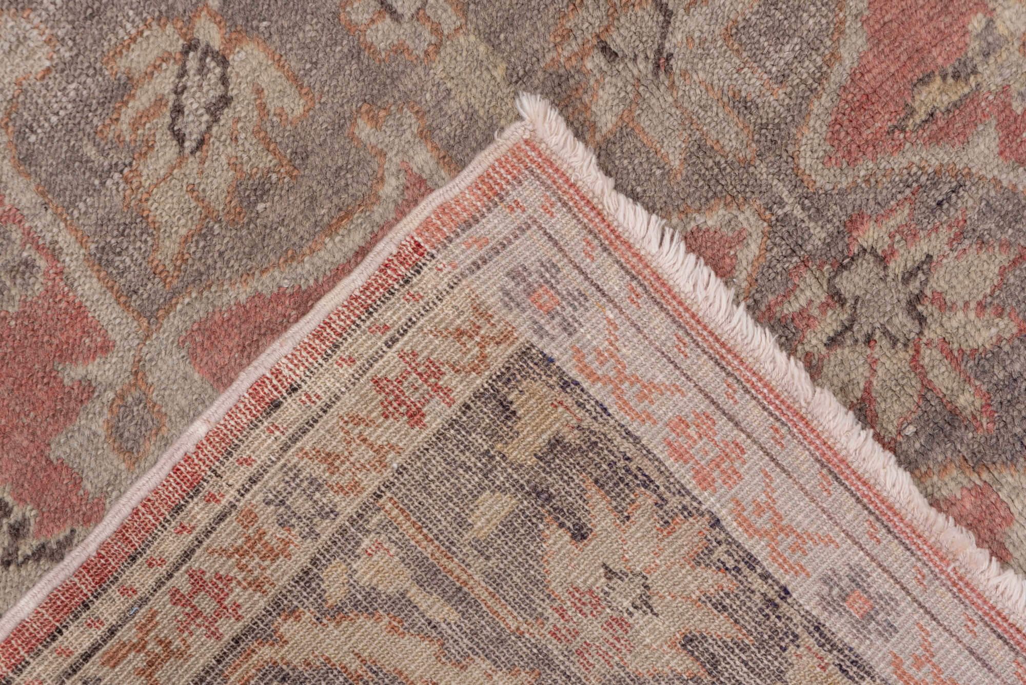 4' x 6' one-of-a-kind handmade vintage Oushak small size rug. Color palette: brown, gray, light gray, off-white, orange