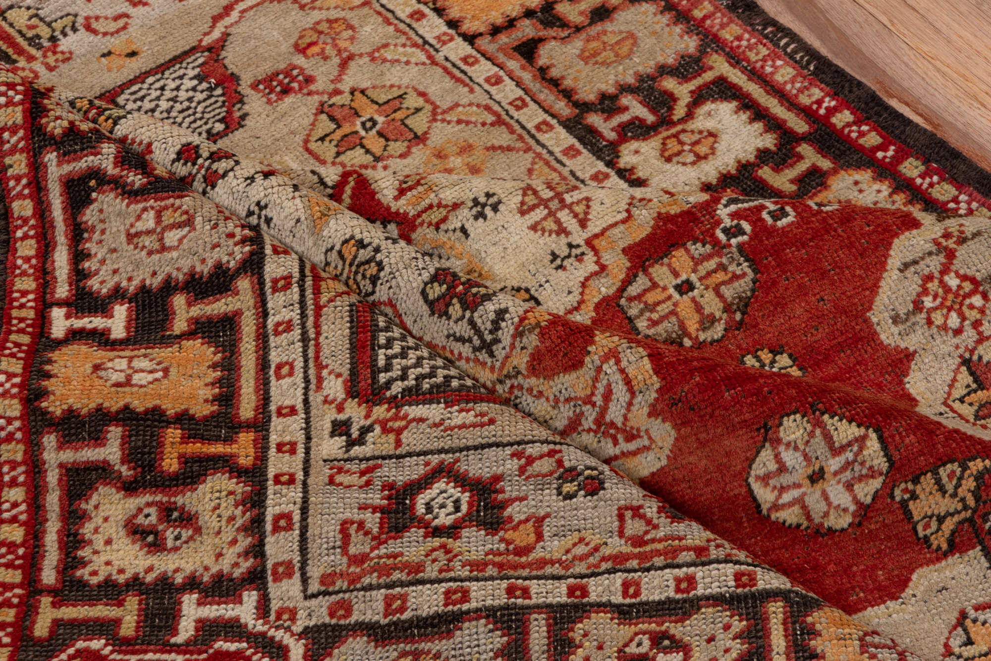 3' x 4' one-of-a-kind handmade vintage Oushak small size rug. Color palette: black, brown, maroon, off-white, orange, pink