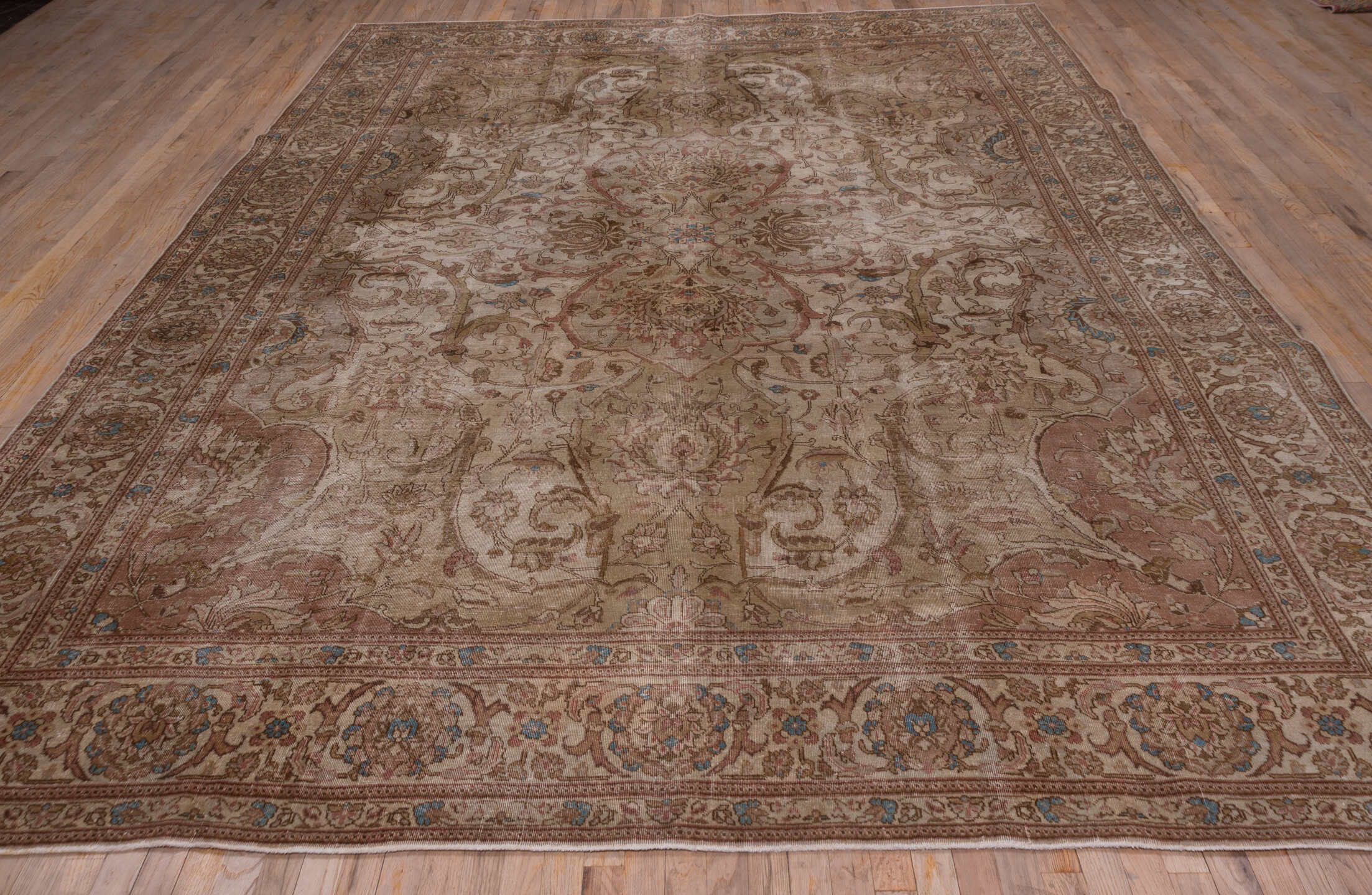 9' x 13' one-of-a-kind handmade vintage Sivas large size rug. Color palette: pink, brown, gray, blue, dim gray