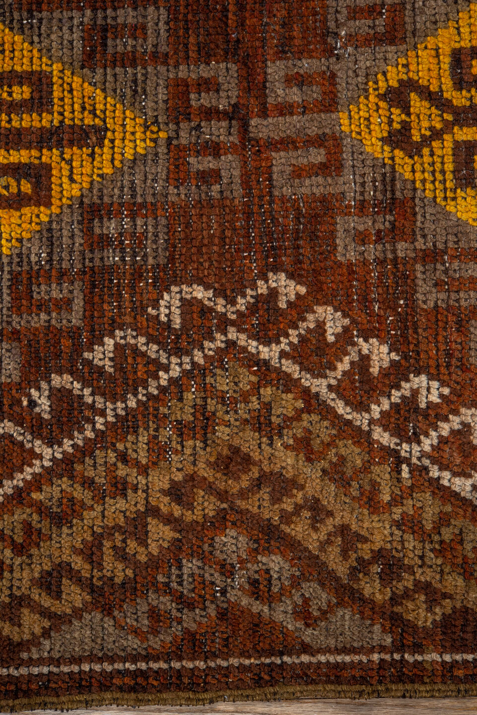 2' x 8' one-of-a-kind handmade vintage Oushak runner rug. Color palette: brown, yellow, pink, off-white, saddle brown, white