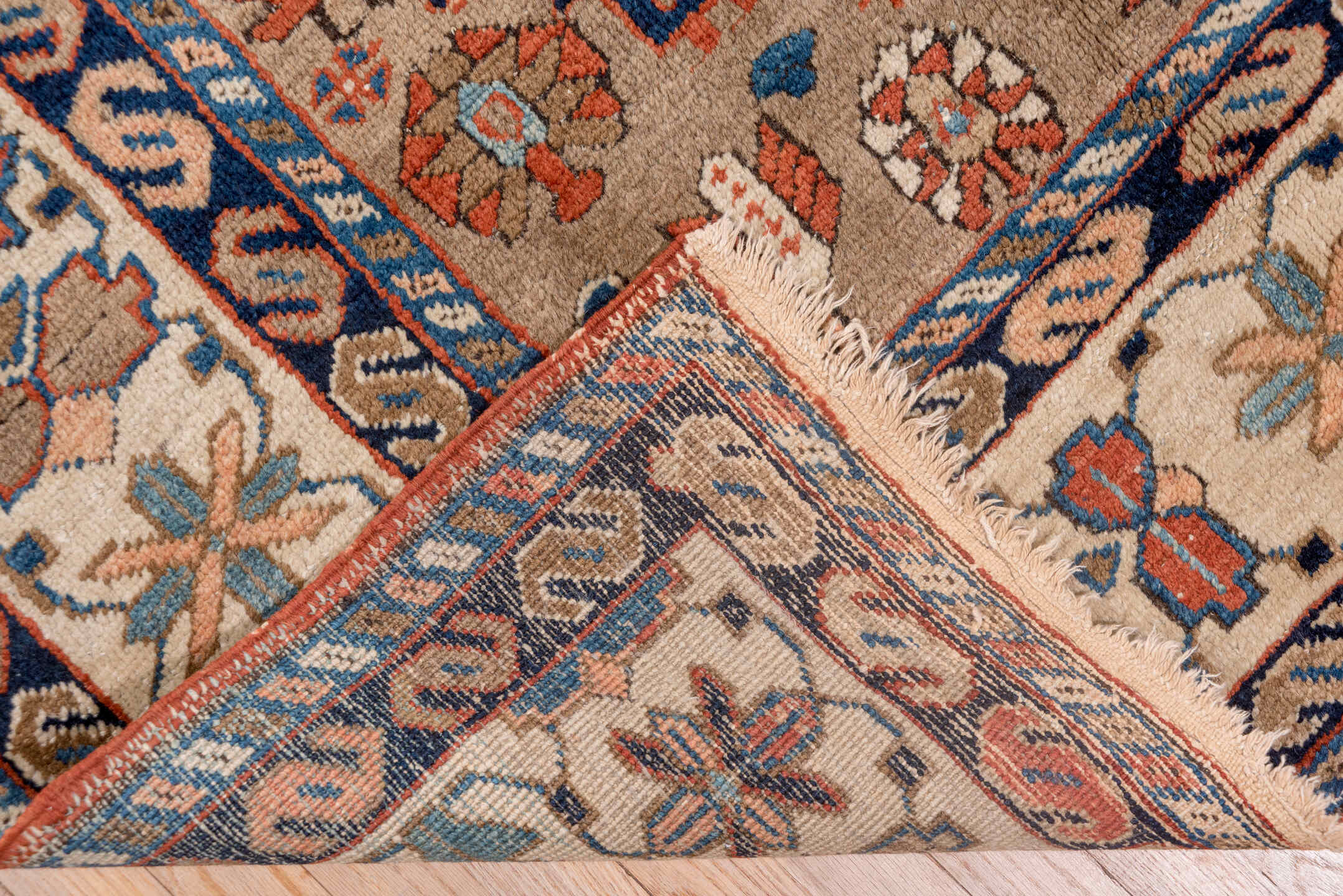 7' x 9' one-of-a-kind handmade vintage Heriz rug. Color palette: gray, blue, brown, pink, off-white, light gray, dim gray