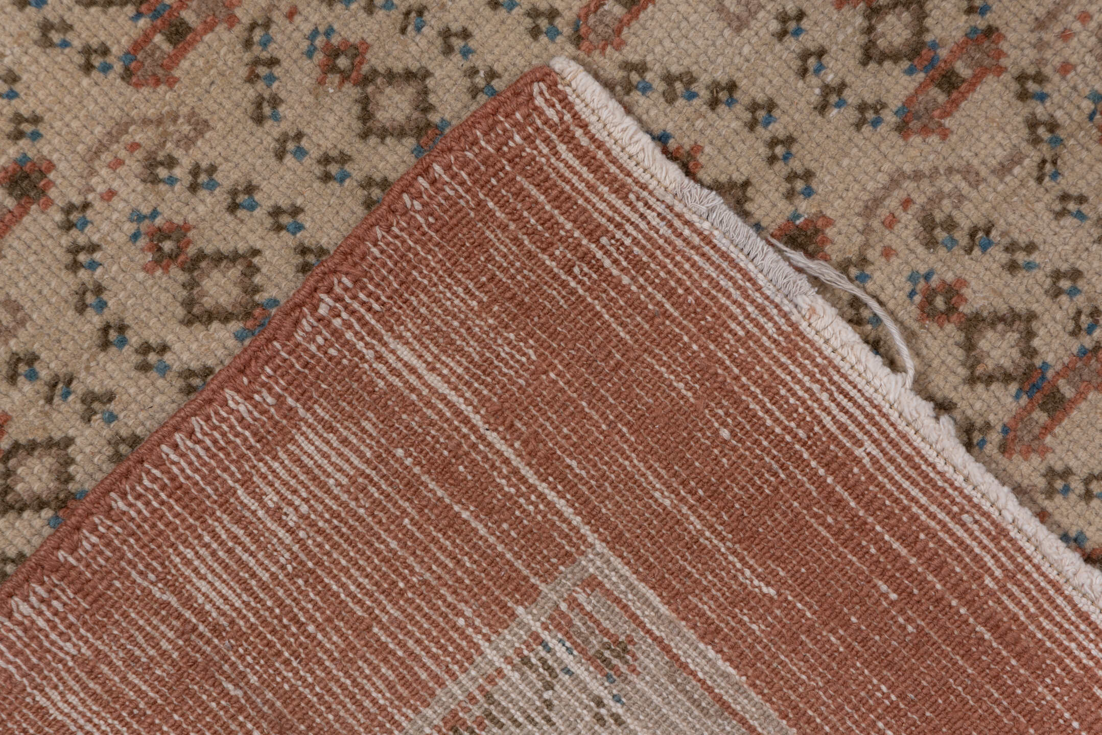 6' x 9' one-of-a-kind handmade vintage Oushak medium size rug. Color palette: gray, pink, light gray, off-white, brown