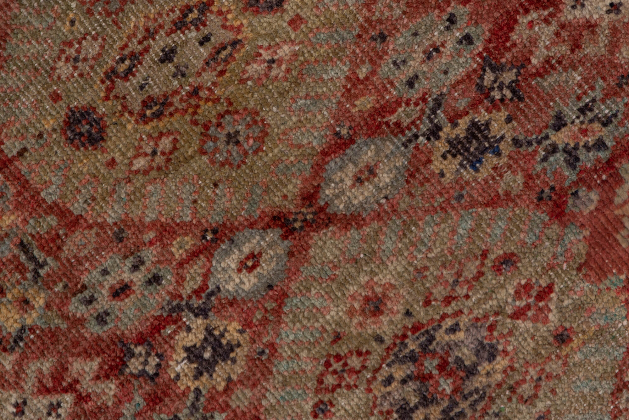 4' x 12' one-of-a-kind handmade vintage Oushak runner rug. Color palette: brown, gray, light gray, off-white, pink, red