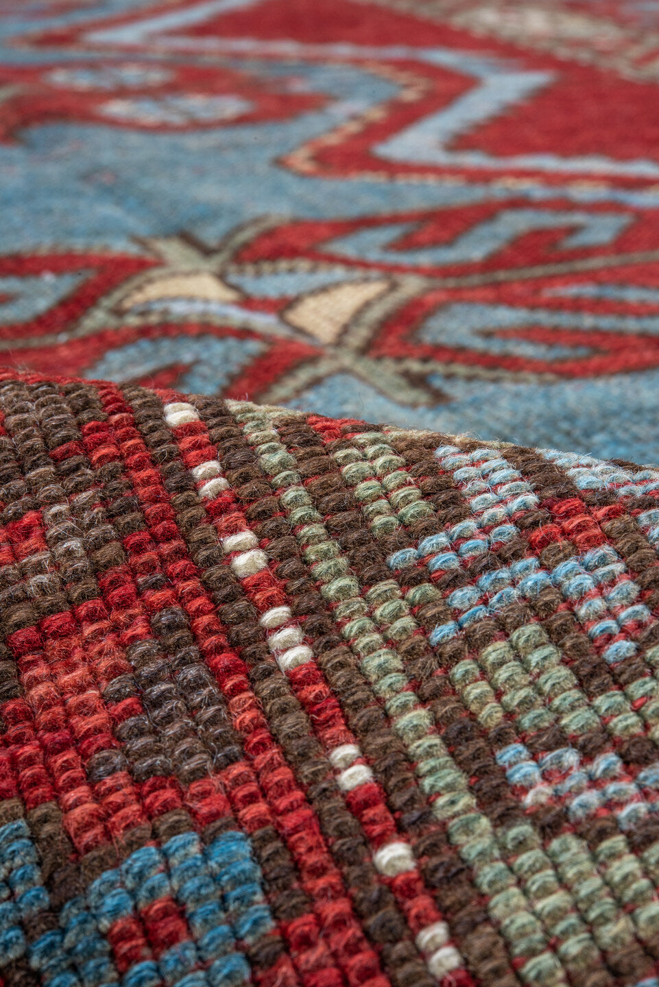 4' x 7' one-of-a-kind handmade vintage Trans Caucasian rug. Color palette: brown, pink, gray, blue, dim gray
