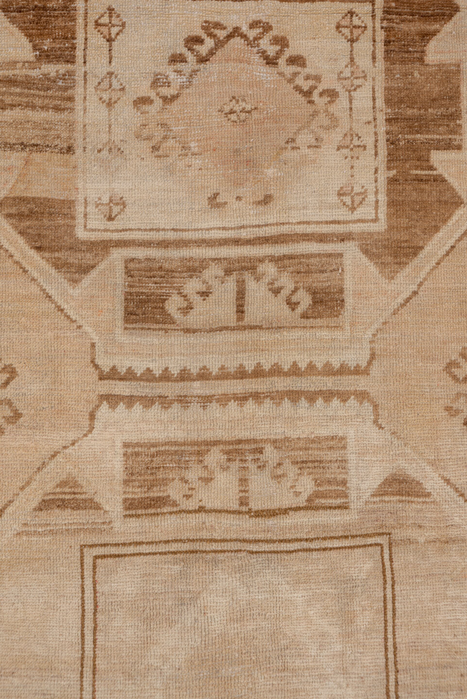 3' x 11' one-of-a-kind handmade vintage Oushak runner rug. Color palette: brown, black, off-white, gray, white, snow