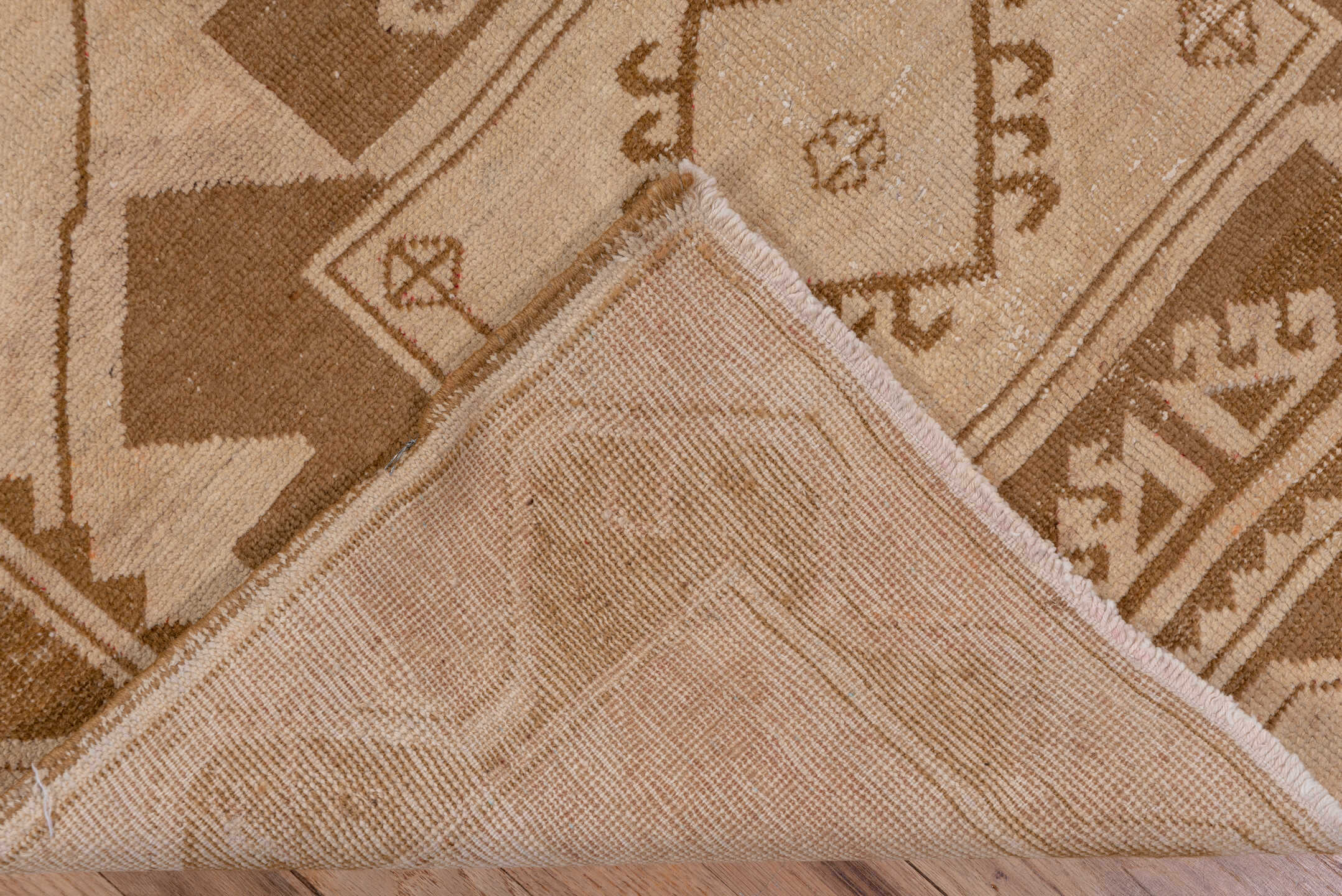 3' x 11' one-of-a-kind handmade vintage Oushak runner rug. Color palette: brown, black, off-white, gray, white, snow