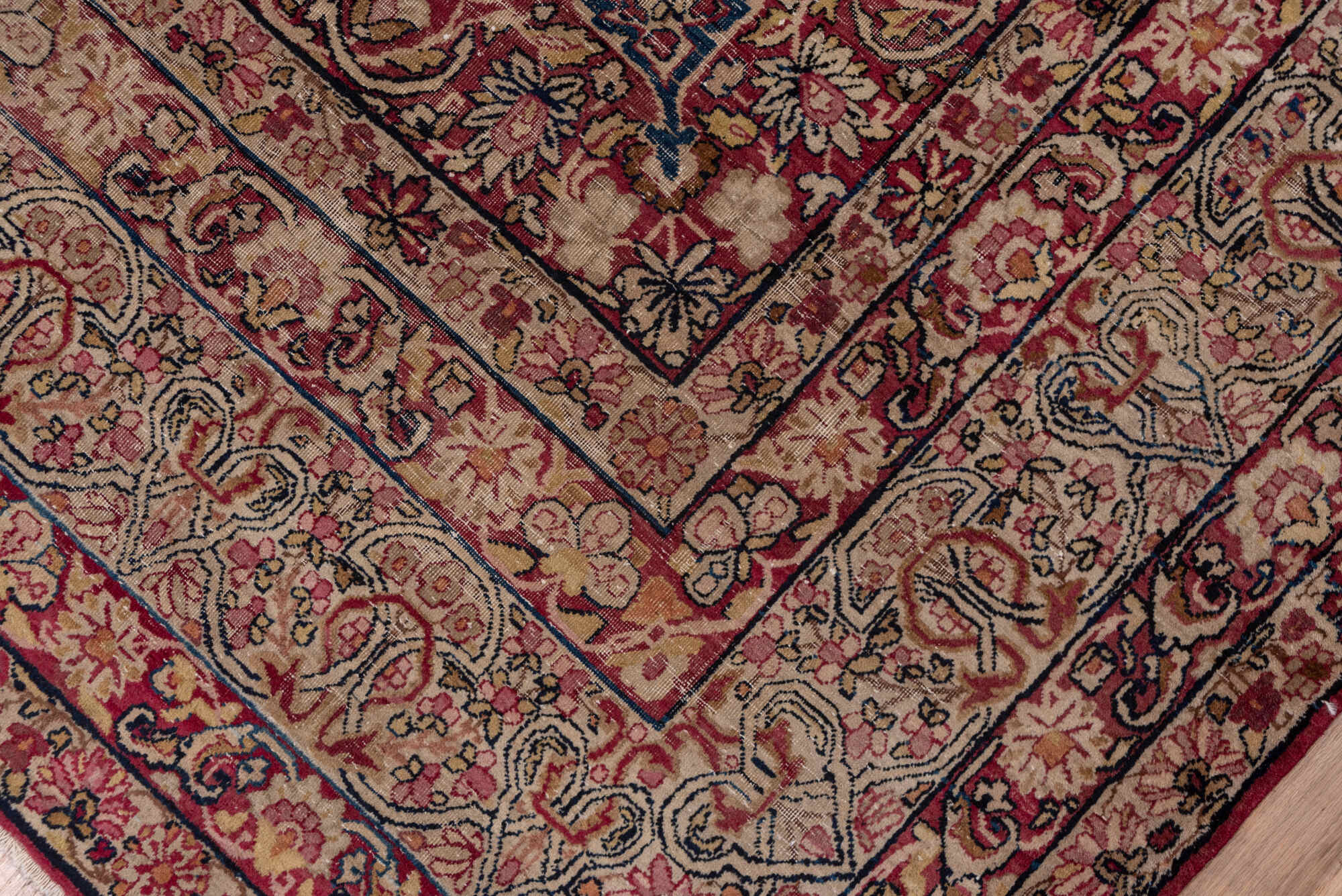 9' x 11' one-of-a-kind handmade vintage Lavar large size rug. Color palette: black, blue, brown, dim gray, gray, pink, red