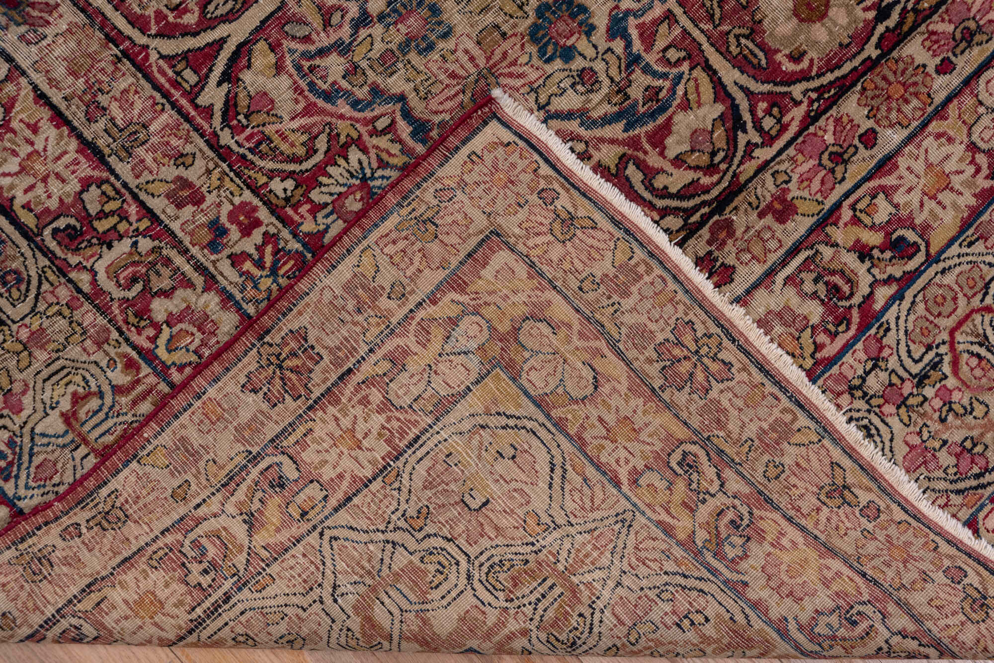 9' x 11' one-of-a-kind handmade vintage Lavar large size rug. Color palette: black, blue, brown, dim gray, gray, pink, red