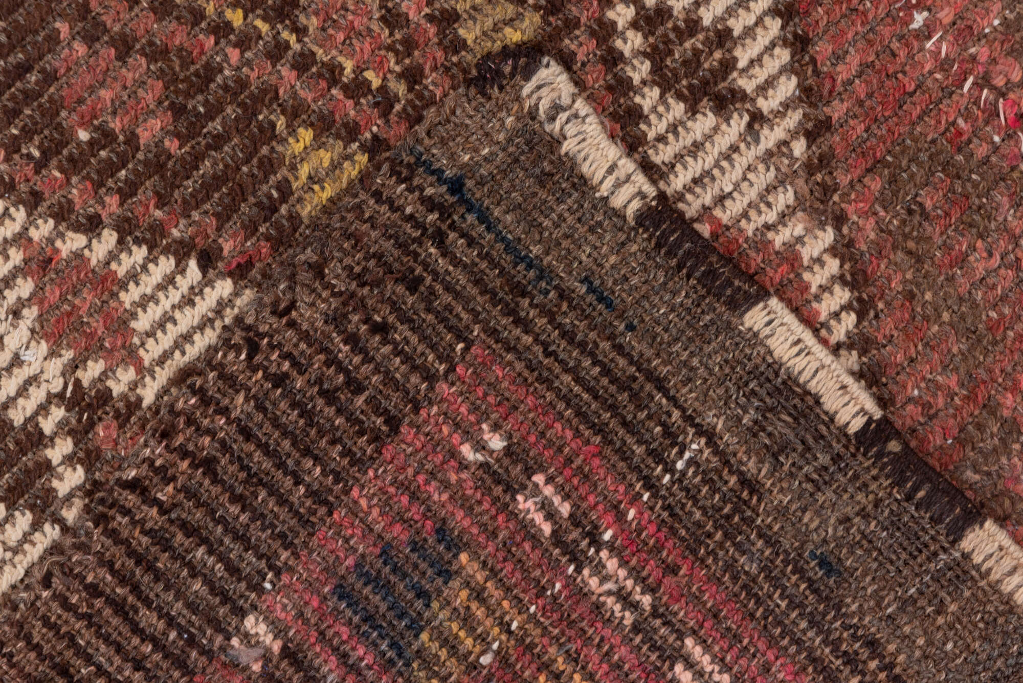4' x 12' one-of-a-kind handmade vintage Ouzbek runner rug. Color palette: brown, pink, redwood