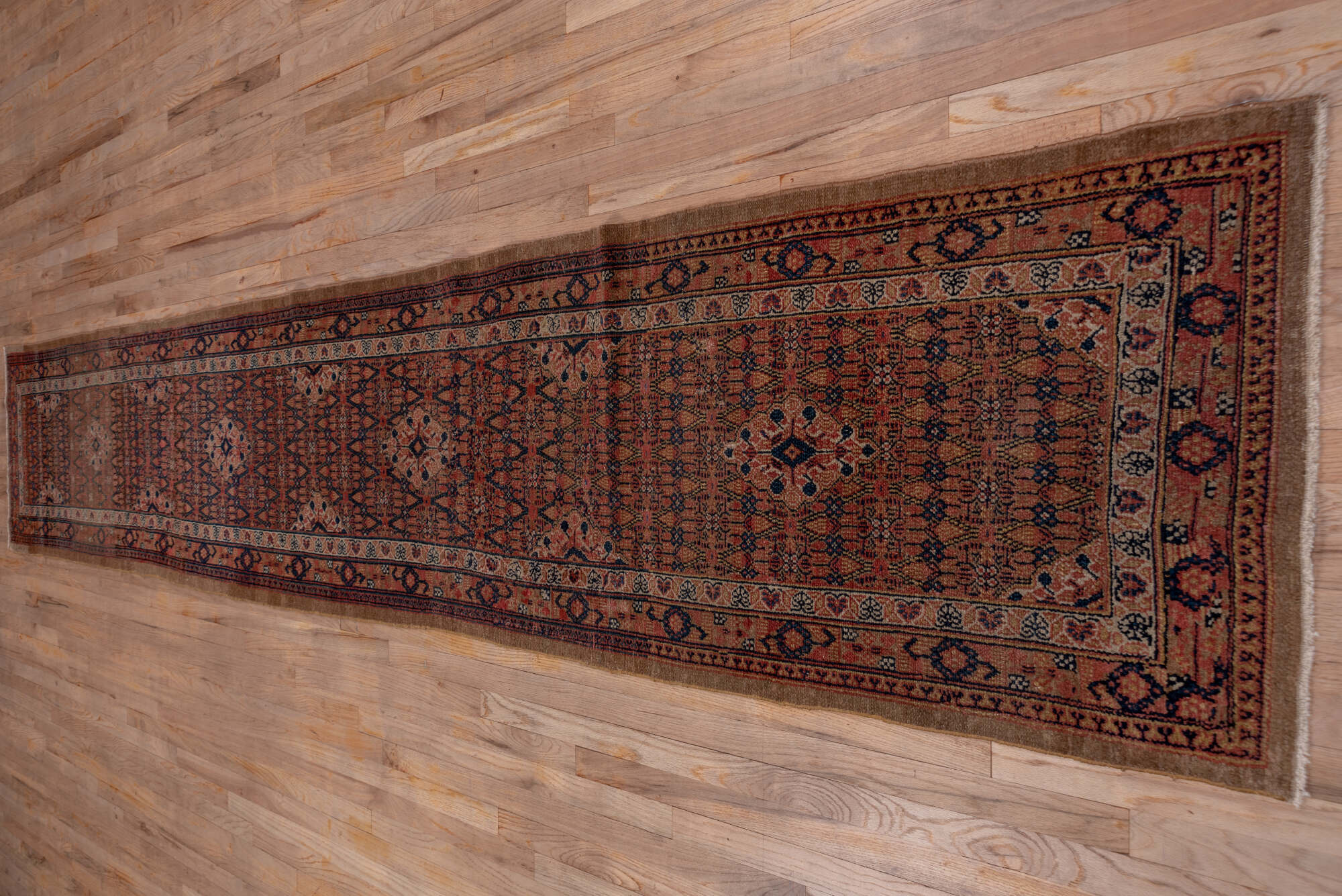 2' x 15' one-of-a-kind handmade vintage Cam Hamadan runner rug. Color palette: brown, gray, off-white, pink, red, redwood