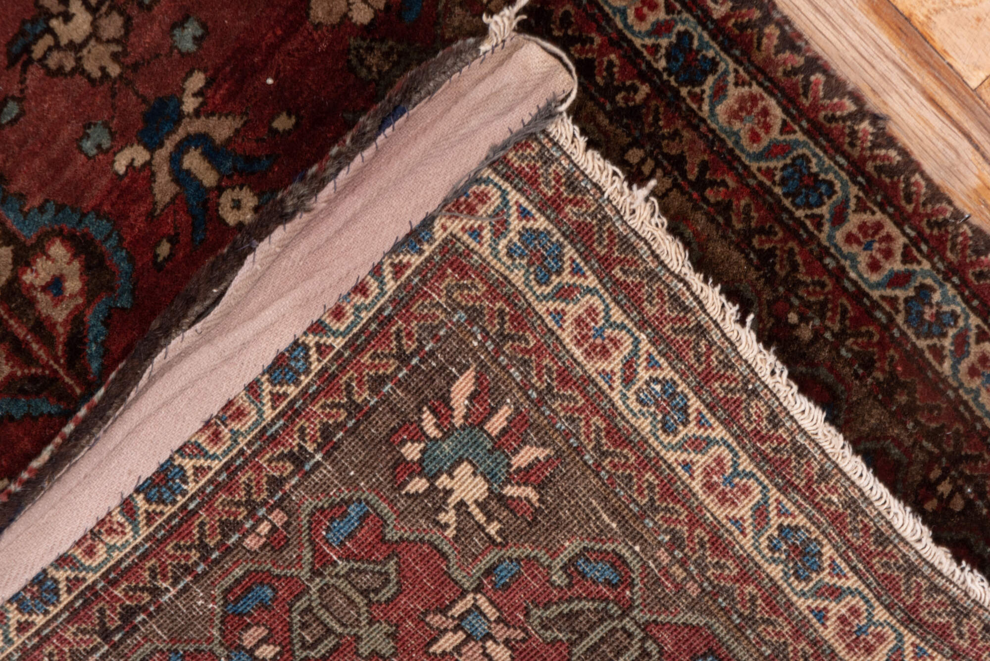 1' x 2' one-of-a-kind handmade vintage Sarouk small size rug. Color palette: black, brown, gray, pink