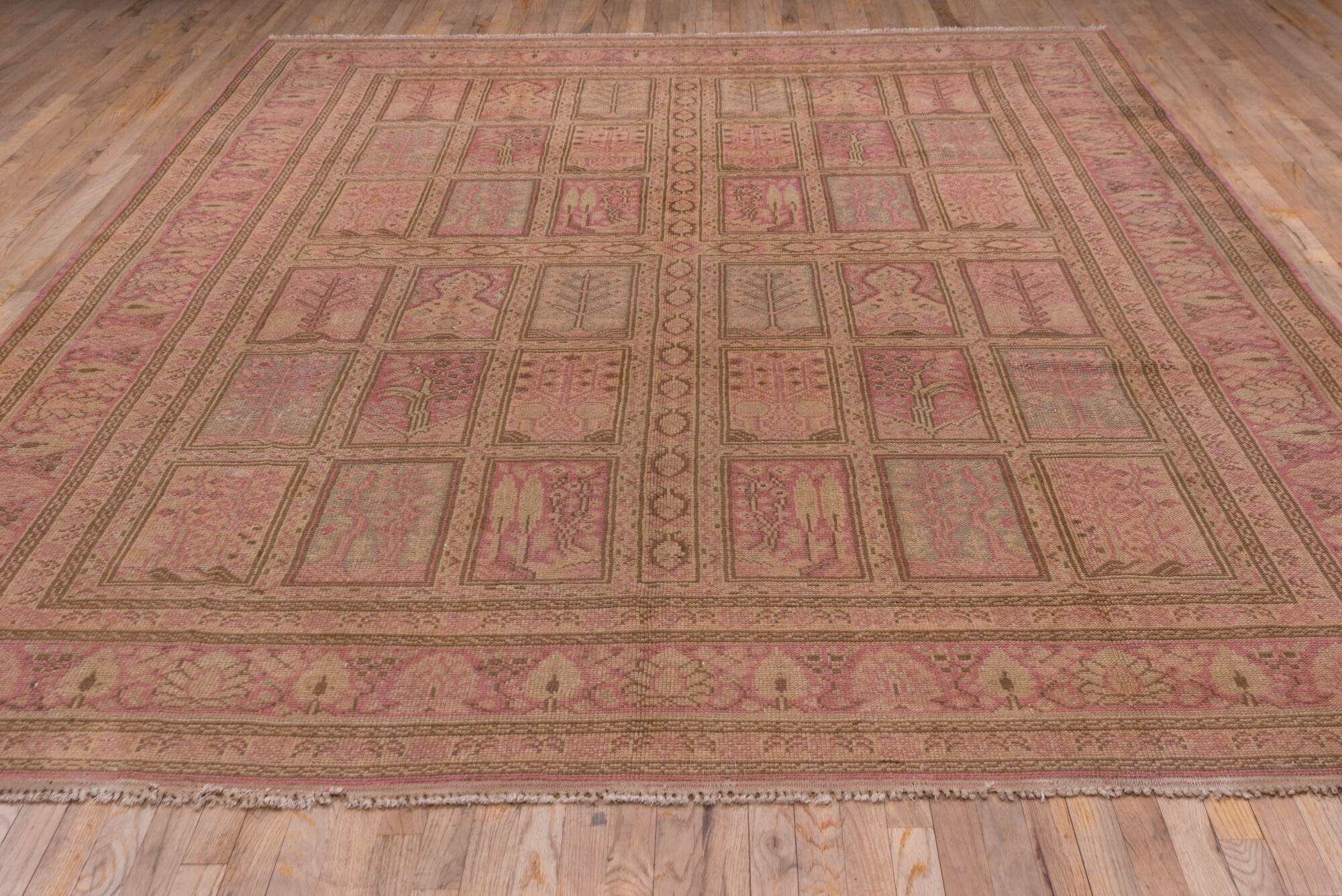 8' x 12' one-of-a-kind handmade vintage Oushak large size rug. Color palette: brown, pink, red, redwood