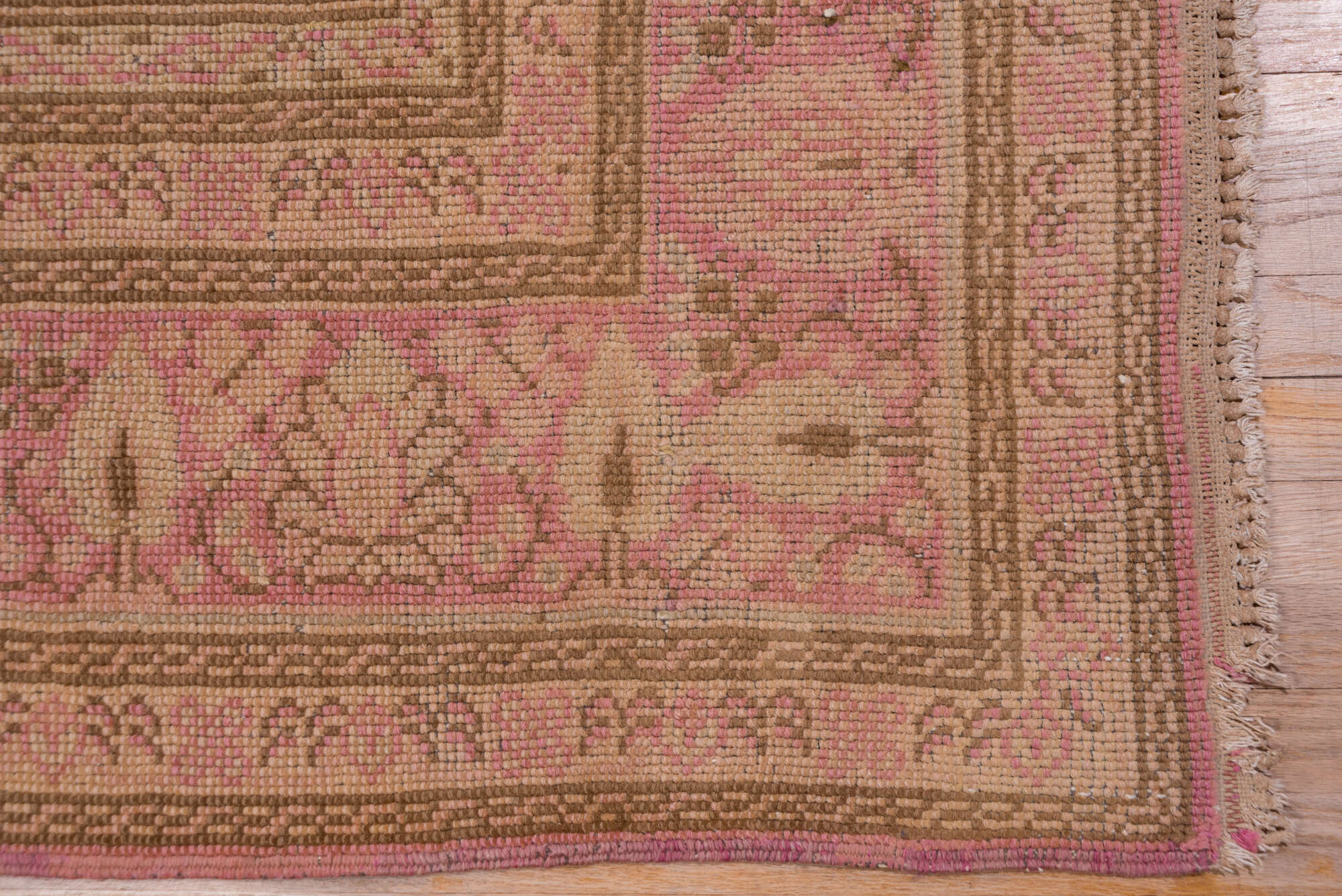 8' x 12' one-of-a-kind handmade vintage Oushak large size rug. Color palette: brown, pink, red, redwood