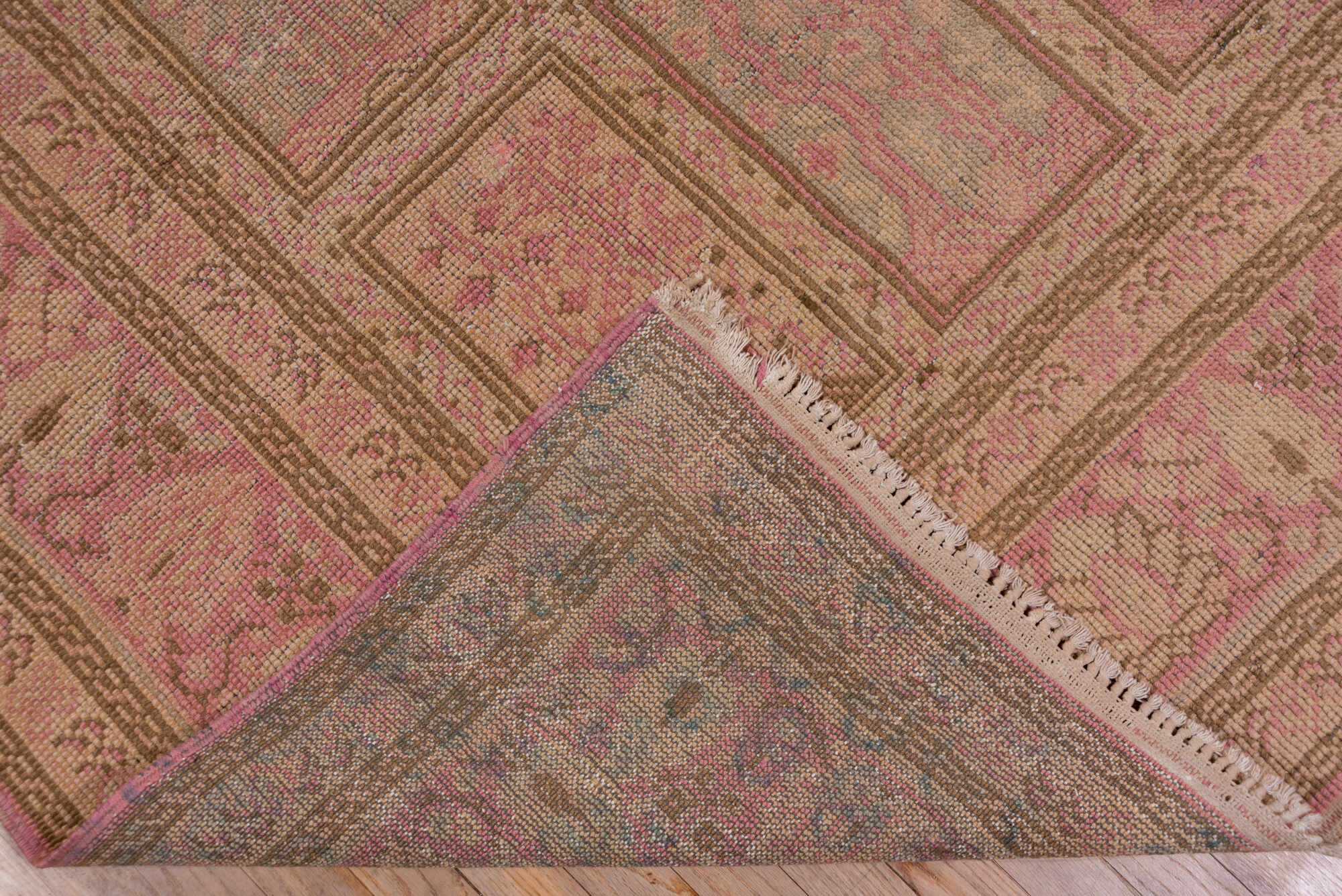 8' x 12' one-of-a-kind handmade vintage Oushak large size rug. Color palette: brown, pink, red, redwood