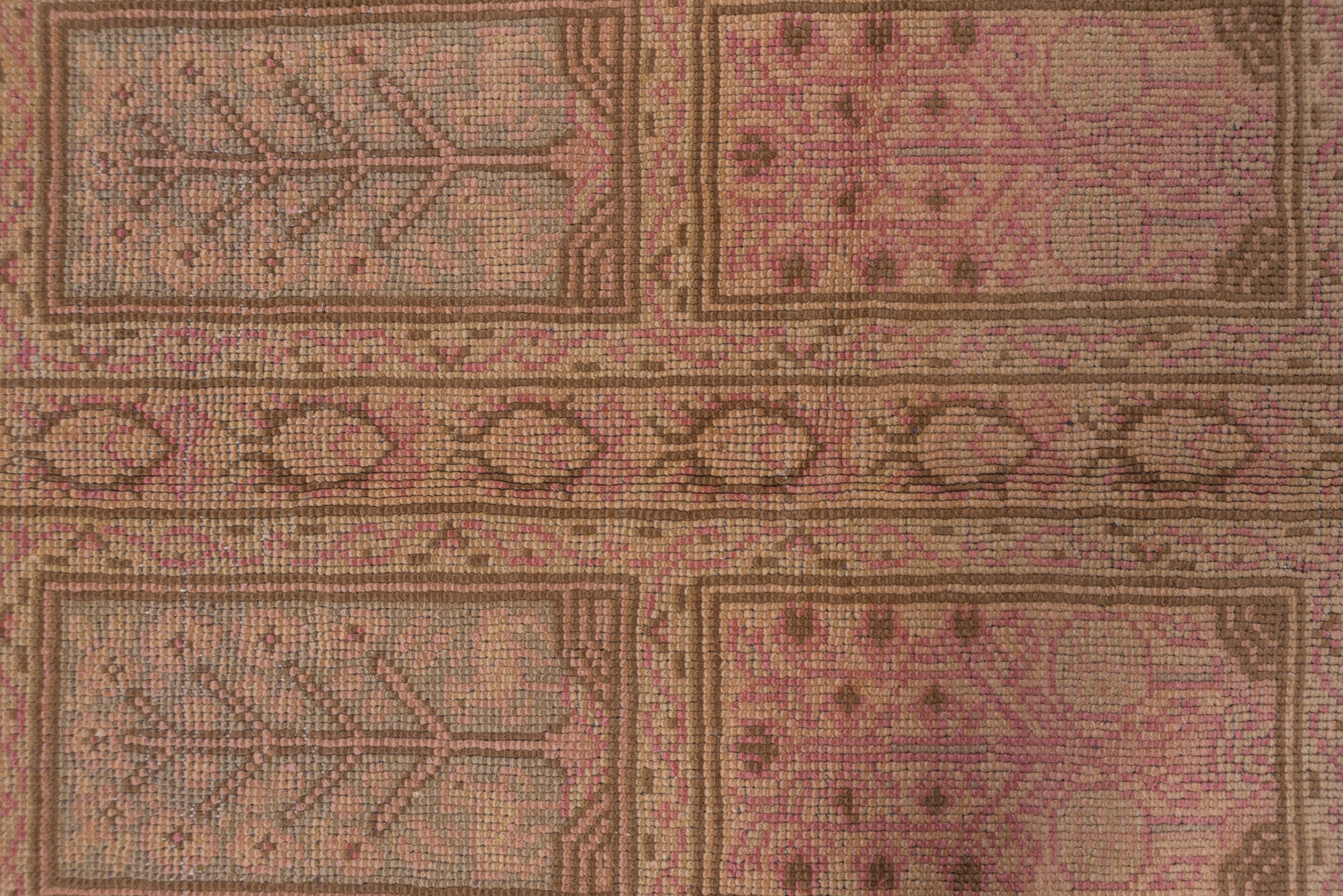 8' x 12' one-of-a-kind handmade vintage Oushak large size rug. Color palette: brown, pink, red, redwood