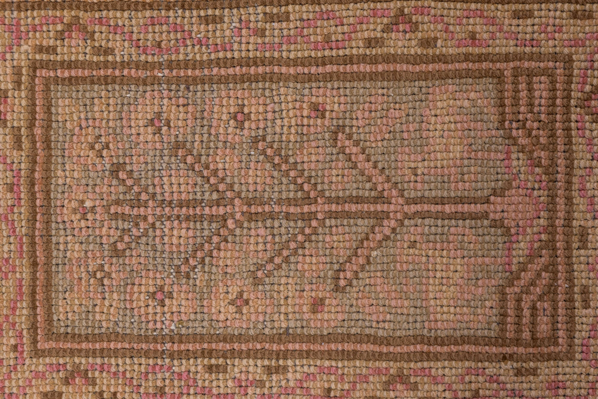 8' x 12' one-of-a-kind handmade vintage Oushak large size rug. Color palette: brown, pink, red, redwood