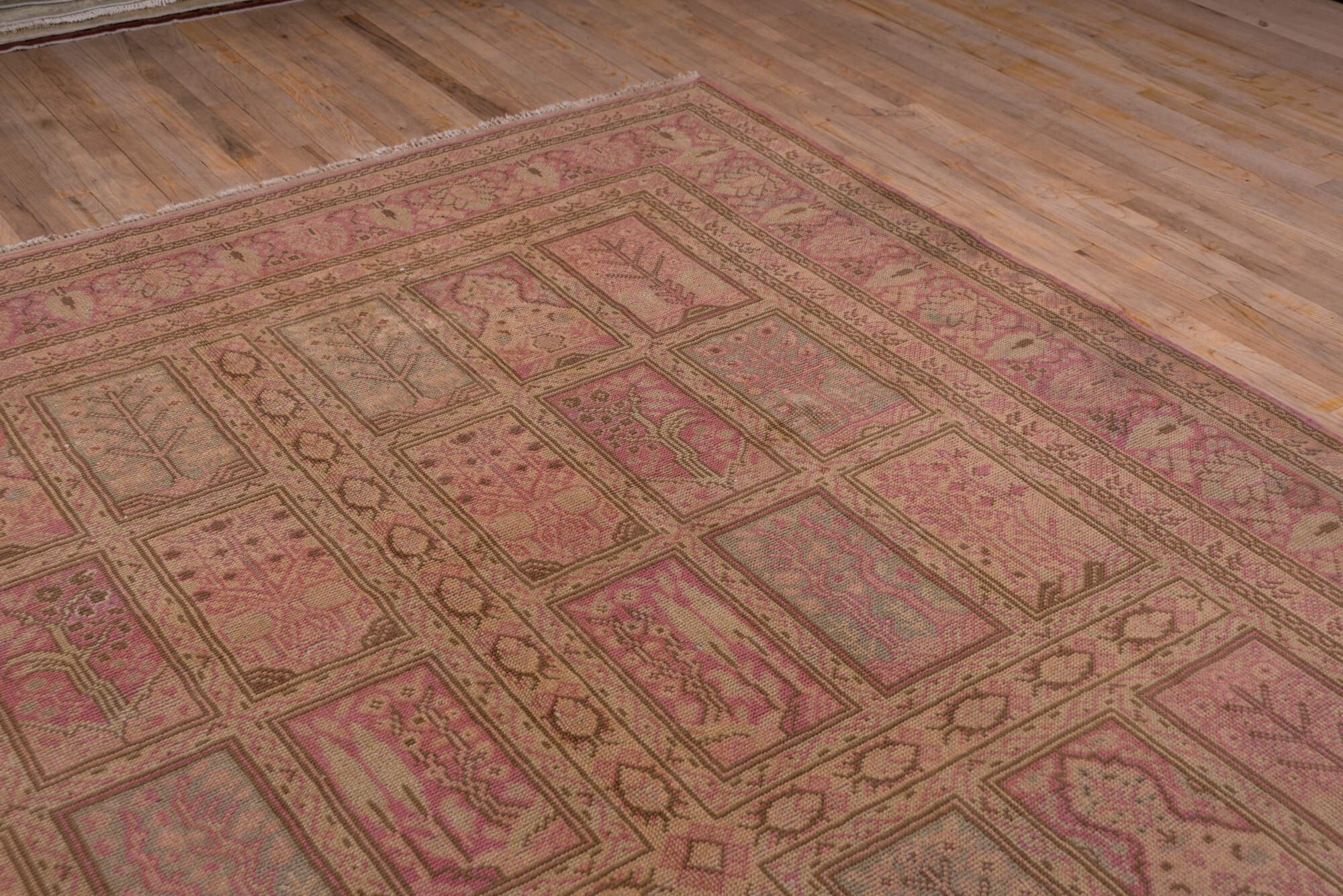 8' x 12' one-of-a-kind handmade vintage Oushak large size rug. Color palette: brown, pink, red, redwood