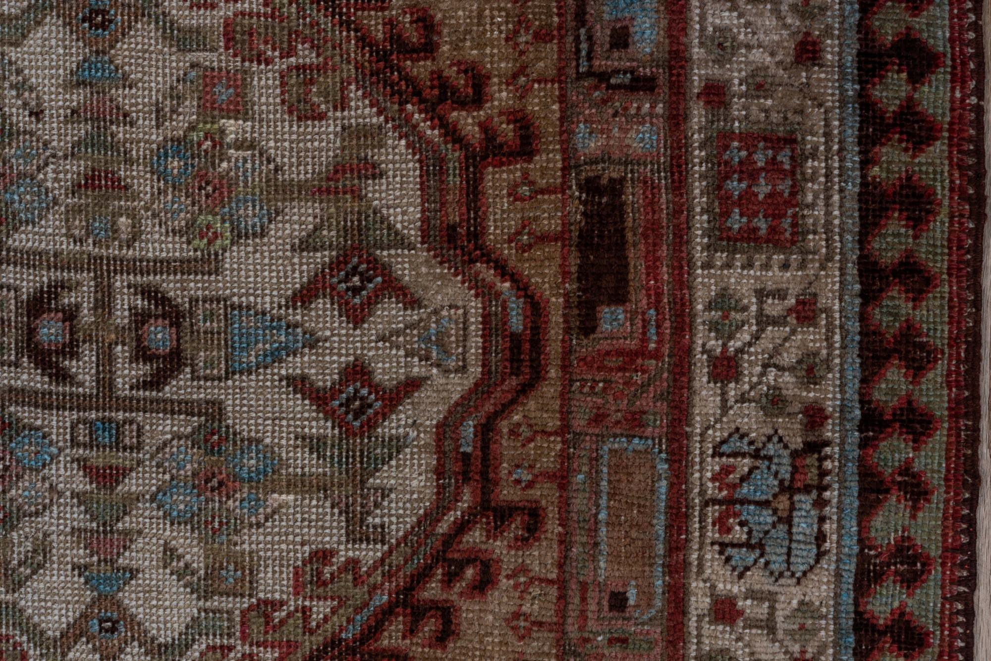 2' x 17' one-of-a-kind handmade vintage Sarab runner rug. Color palette: pink, gray, brown, red, off-white, redwood