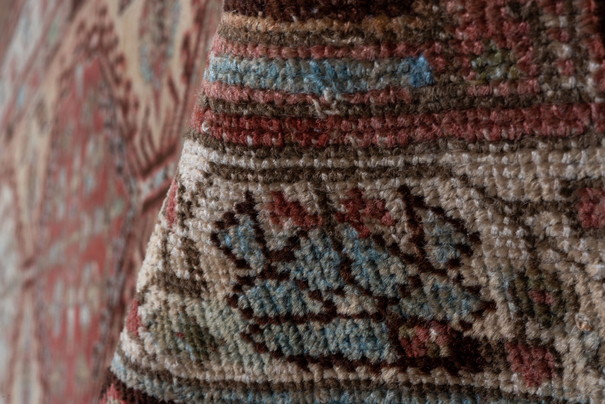 2' x 17' one-of-a-kind handmade vintage Sarab runner rug. Color palette: pink, gray, brown, red, off-white, redwood