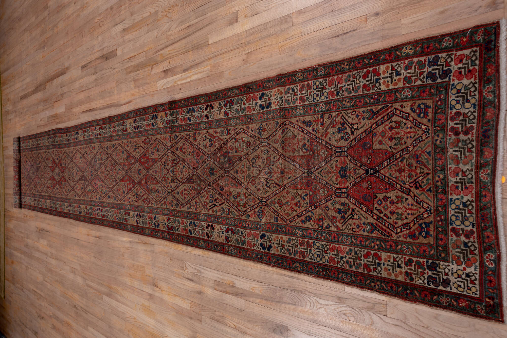 2' x 18' one-of-a-kind handmade vintage Cam Hamadan runner rug. Color palette: brown, gray, off-white, pink, red, snow