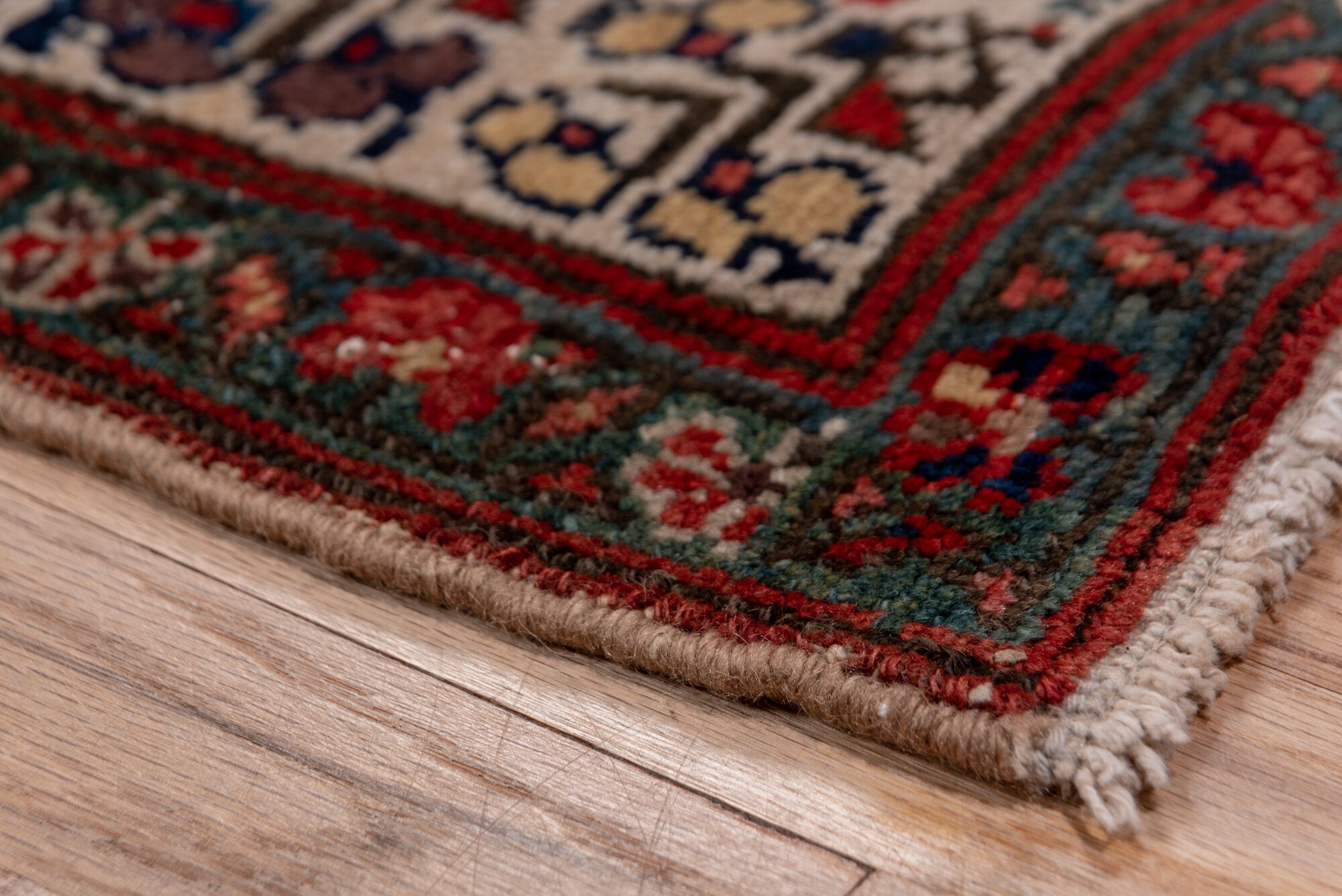 2' x 18' one-of-a-kind handmade vintage Cam Hamadan runner rug. Color palette: brown, gray, off-white, pink, red, snow