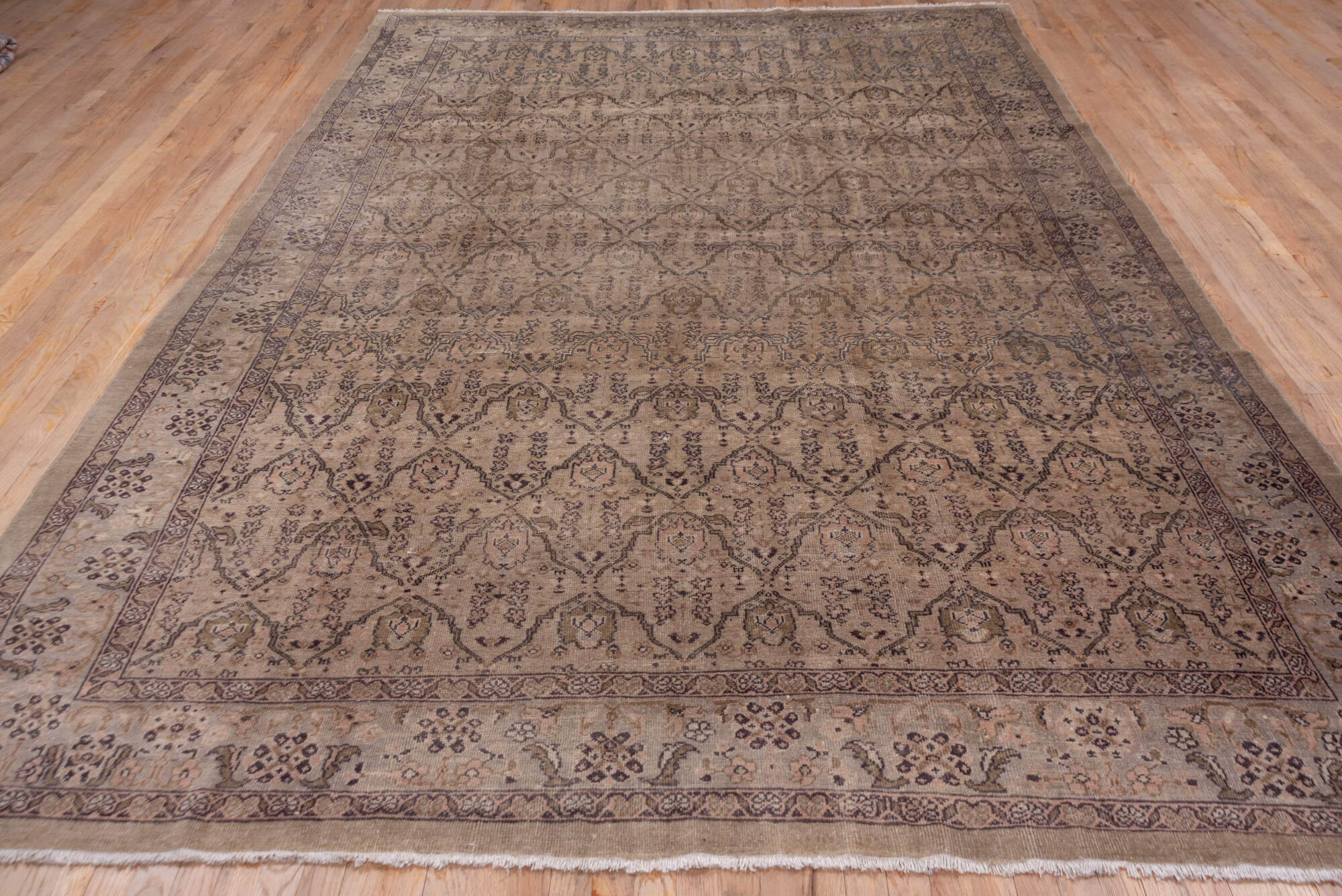 8' x 12' one-of-a-kind handmade vintage Sivas large size rug. Color palette: black, brown, gray, light gray, off-white, pink