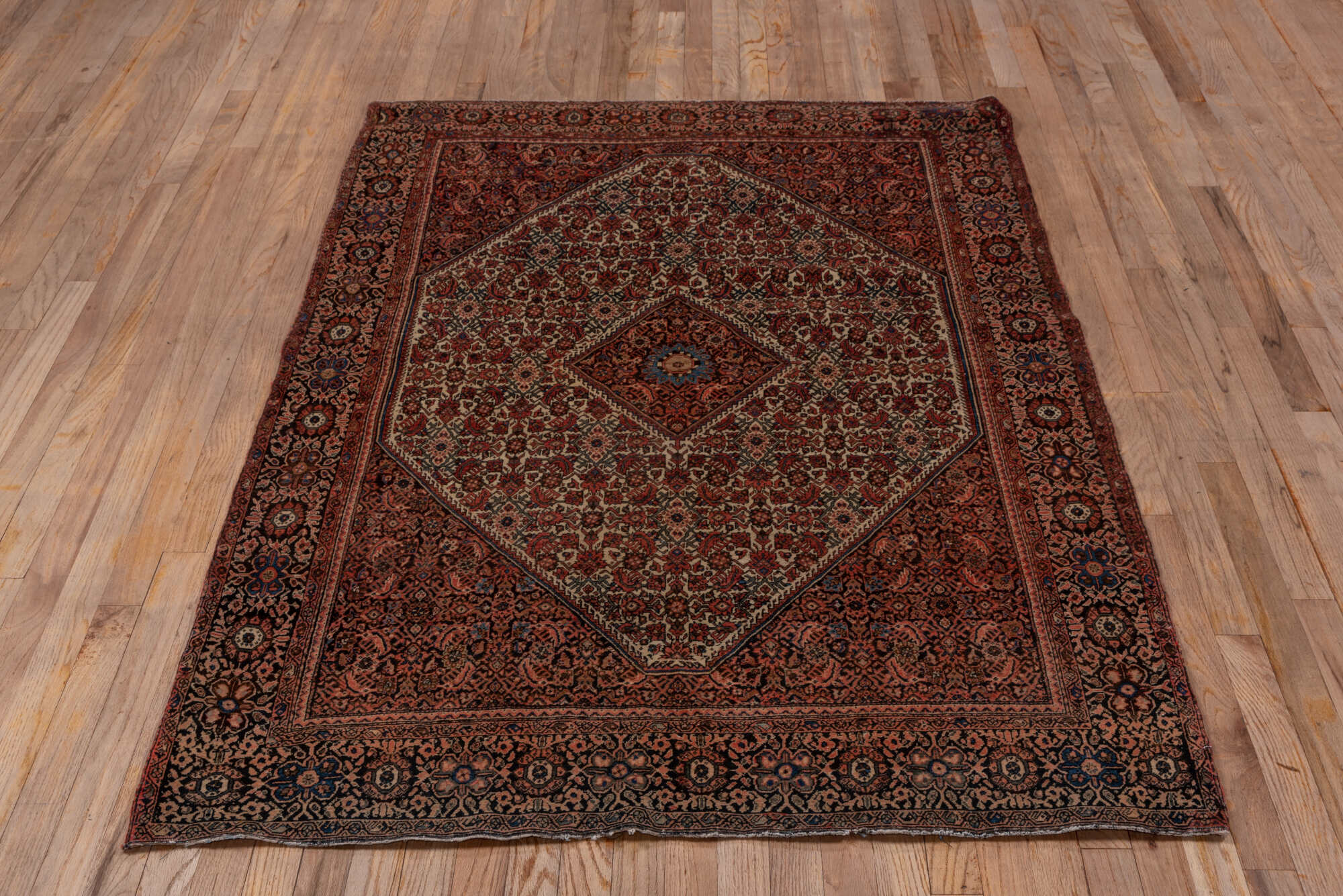 4' x 6' one-of-a-kind handmade vintage Far.Sarouk small size rug. Color palette: black, brown, gray, pink, red