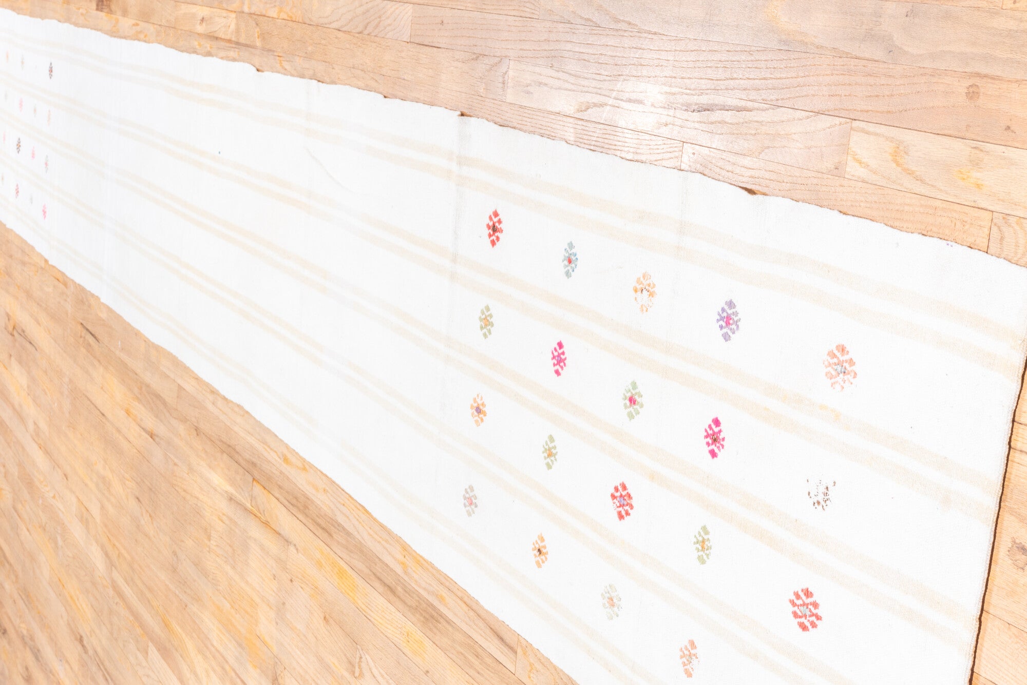 2' x 16' one-of-a-kind handmade vintage Flatweave runner rug. Color palette: brown, gainsboro, gray, light blue, light gray