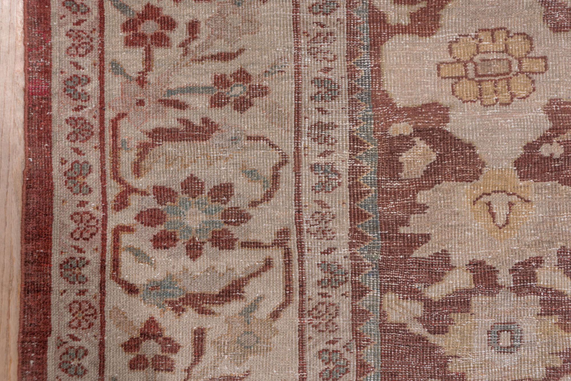 10' x 14' one-of-a-kind handmade vintage Sultanabad large size rug. Color palette: brown, gray, pink, red, redwood