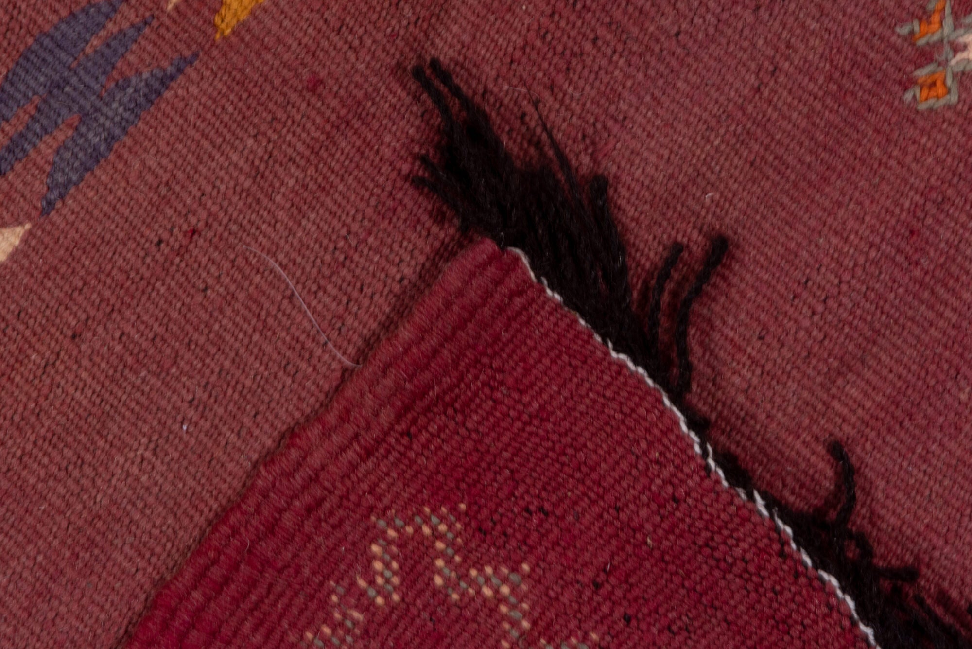 5' x 12' one-of-a-kind handmade vintage Kilim rug. Color palette: brown, gray, light gray, orange, pink, red