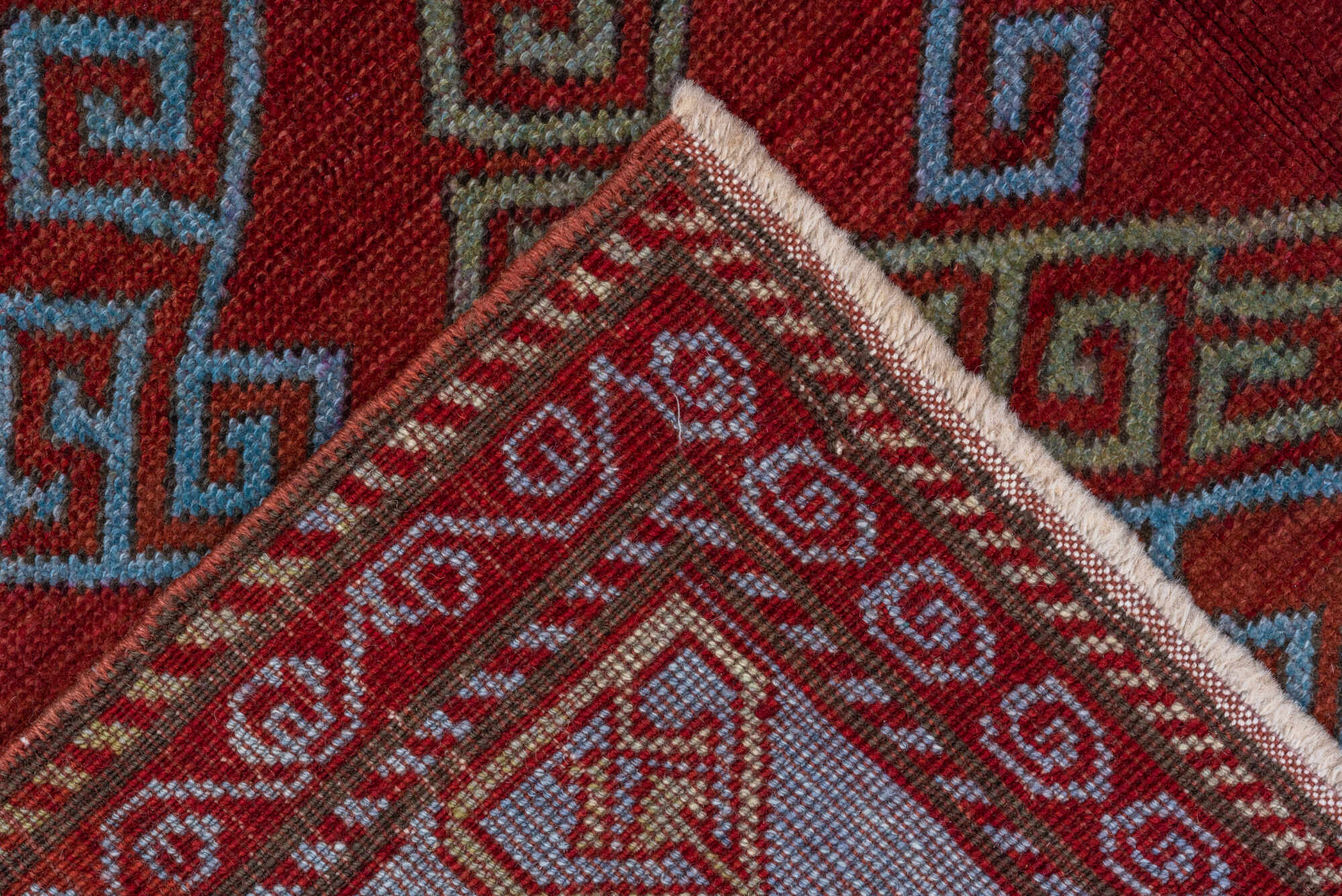 4' x 6' one-of-a-kind handmade vintage Caucasian small size rug. Color palette: brown, red, gray, pink, blue