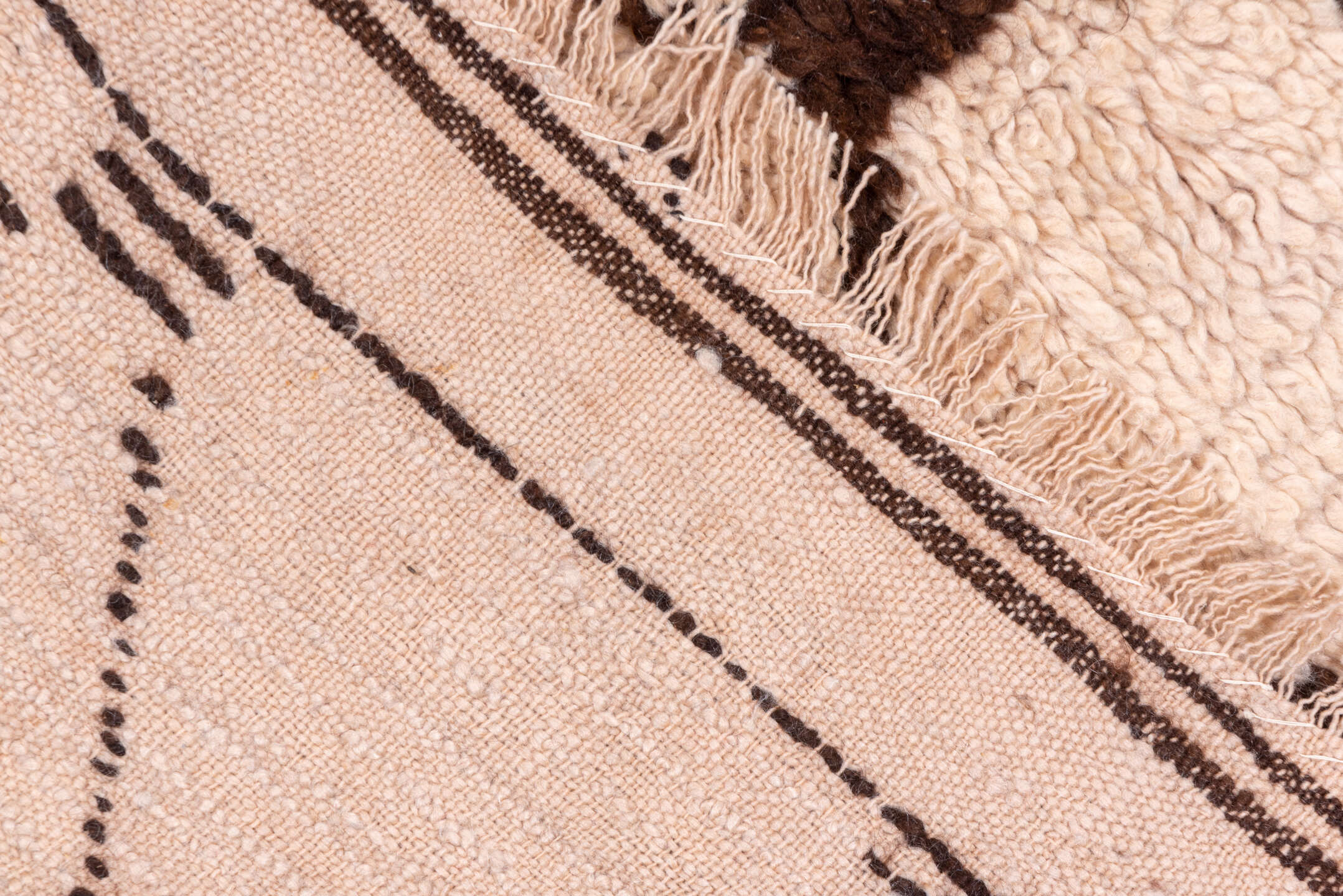 4' x 13' one-of-a-kind handmade vintage Moroccan runner rug. Color palette: brown, pink, orange, off-white, gray, redwood