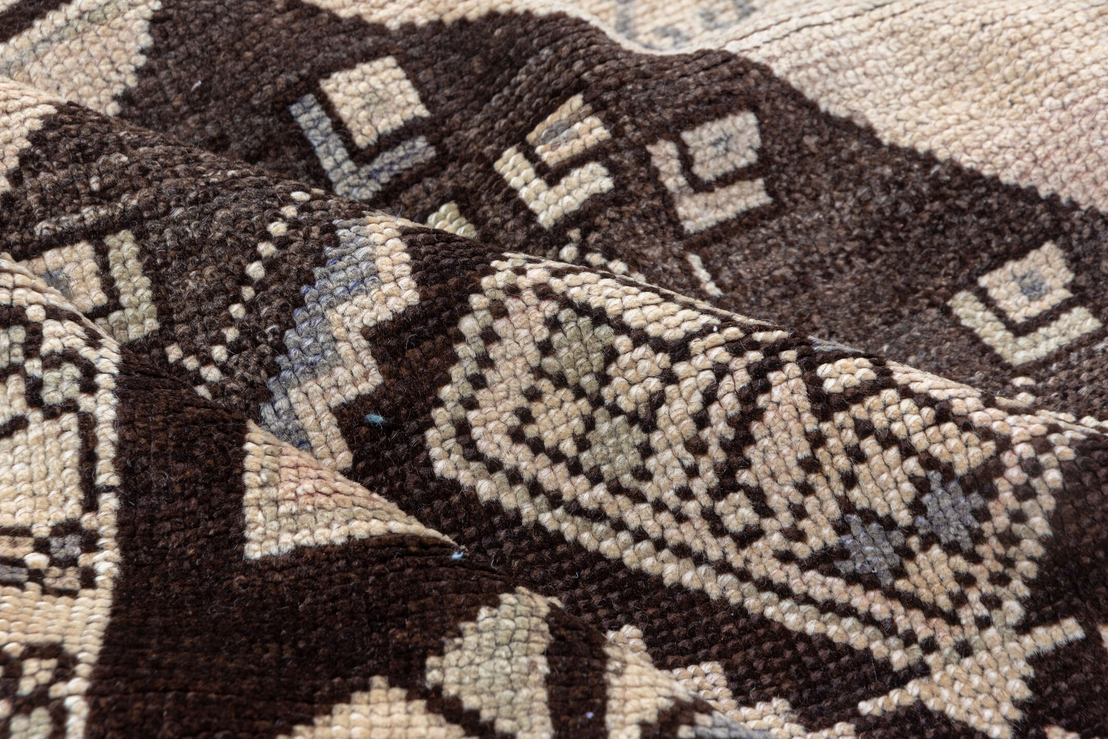 3' x 14' one-of-a-kind handmade vintage Oushak runner rug. Color palette: brown, gray, pink, light gray, off-white, white