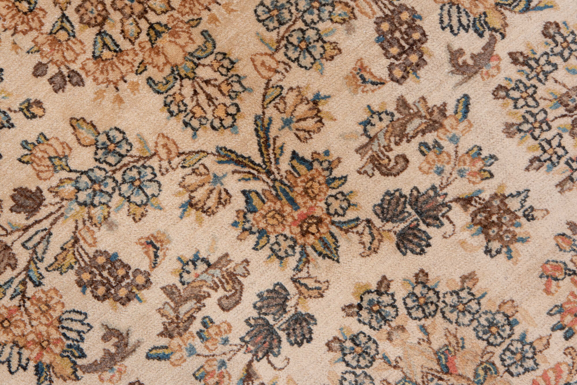 6' x 8' one-of-a-kind handmade vintage Kerman medium size rug. Color palette: brown, gray, pink, tan