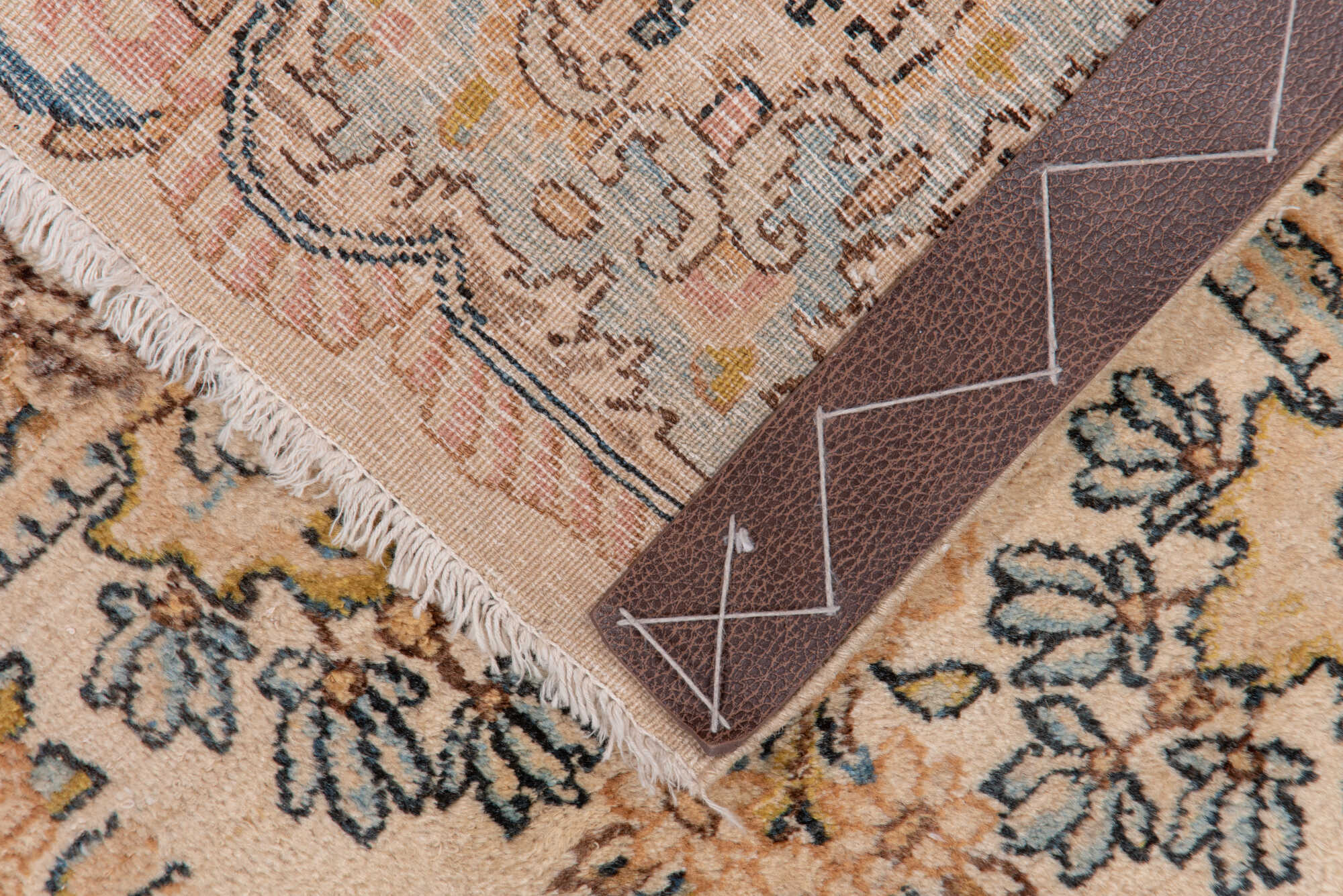 6' x 8' one-of-a-kind handmade vintage Kerman medium size rug. Color palette: brown, gray, pink, tan