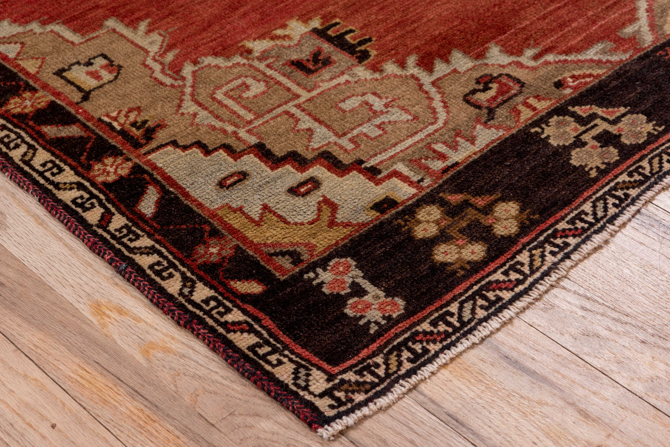 3' x 10' one-of-a-kind handmade vintage Oushak runner rug. Color palette: brown, pink, gray, red
